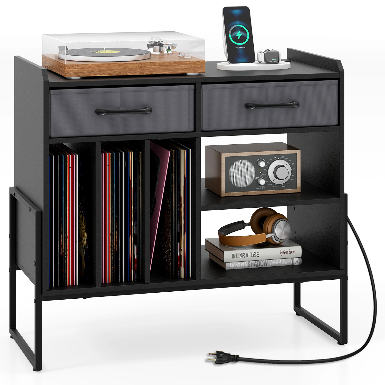 Glintex Large Record Player Stand with 2 Fabric Drawers and 209-Lb Capacity