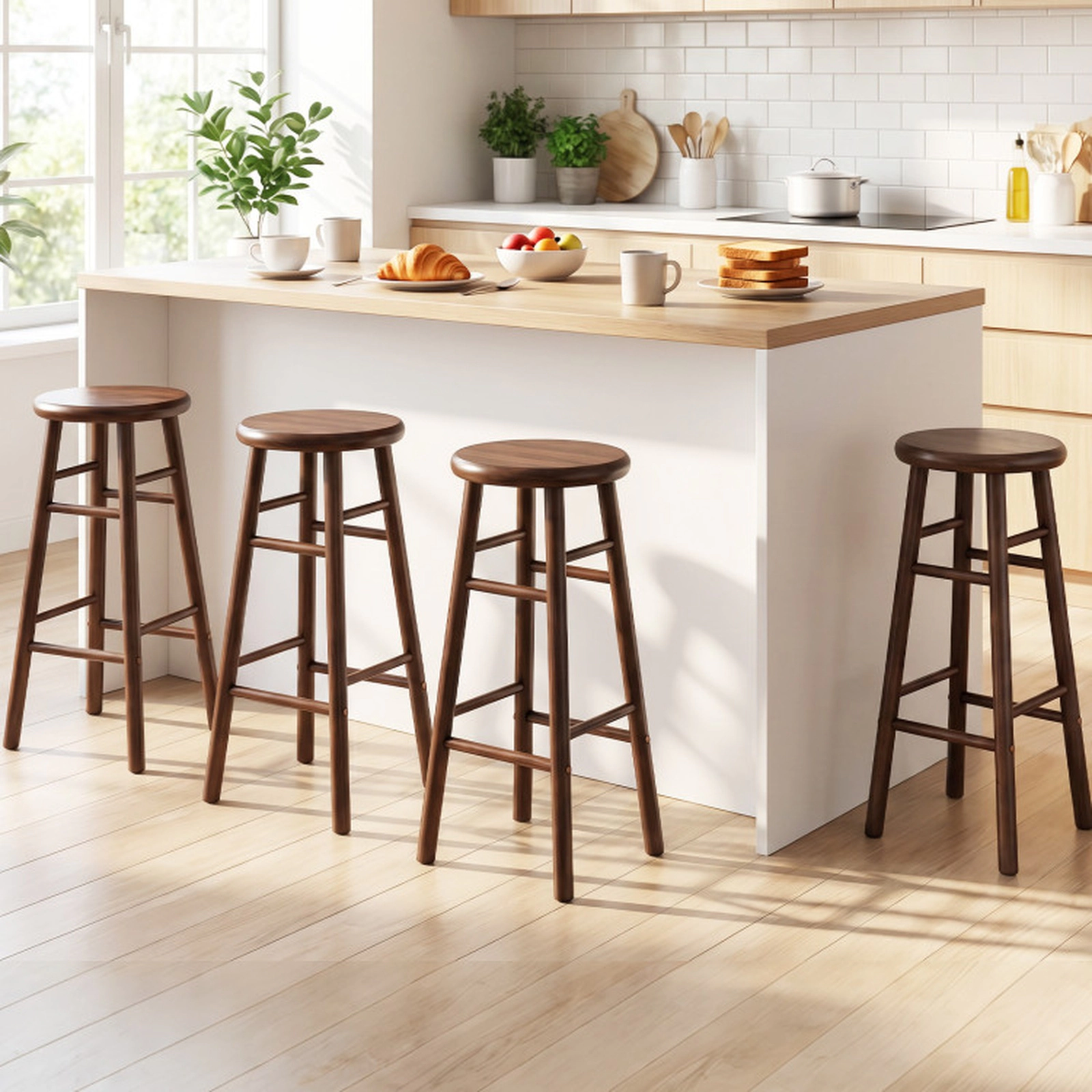 SUGIFT Set of 2 29-in Walnut Rubber Wood Swivel Bar Stools with Footrests