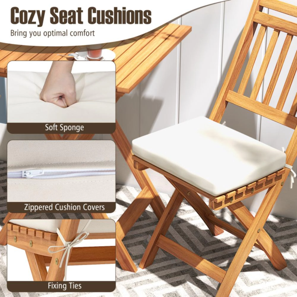 Hivvago Outdoor Wood Bistro Set With Soft Seat Cushions And Table-White