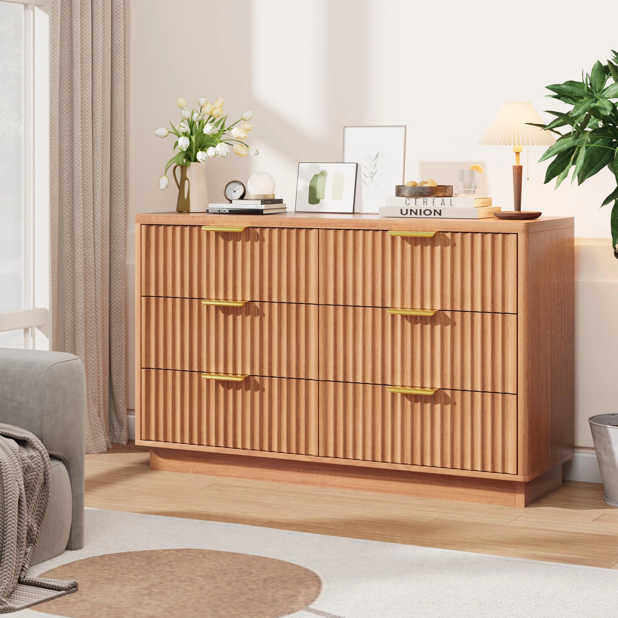 Modern 6 Drawer Wood Dresser, 47" Chest of Drawers Storage Cabinet for Bedroom or Nursery