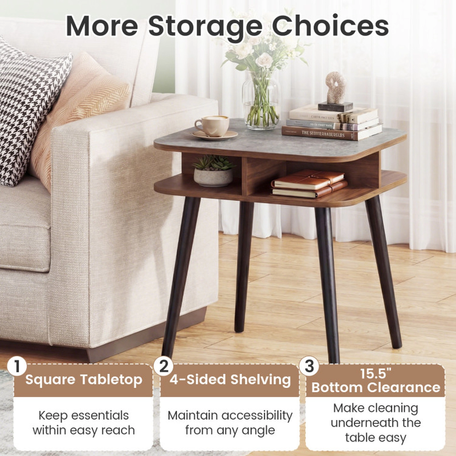 SUGIFT Walnut 24-In Square Faux Marble Side Table with 4-Sided Storage Shelves