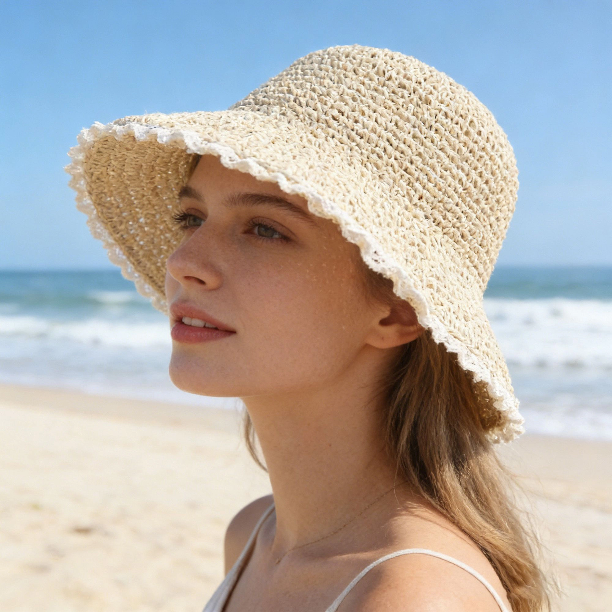 Anna-Kaci Women's Women Straw Bucket Hat Wide Brim Lightweight Sun with Lace Trim Detail