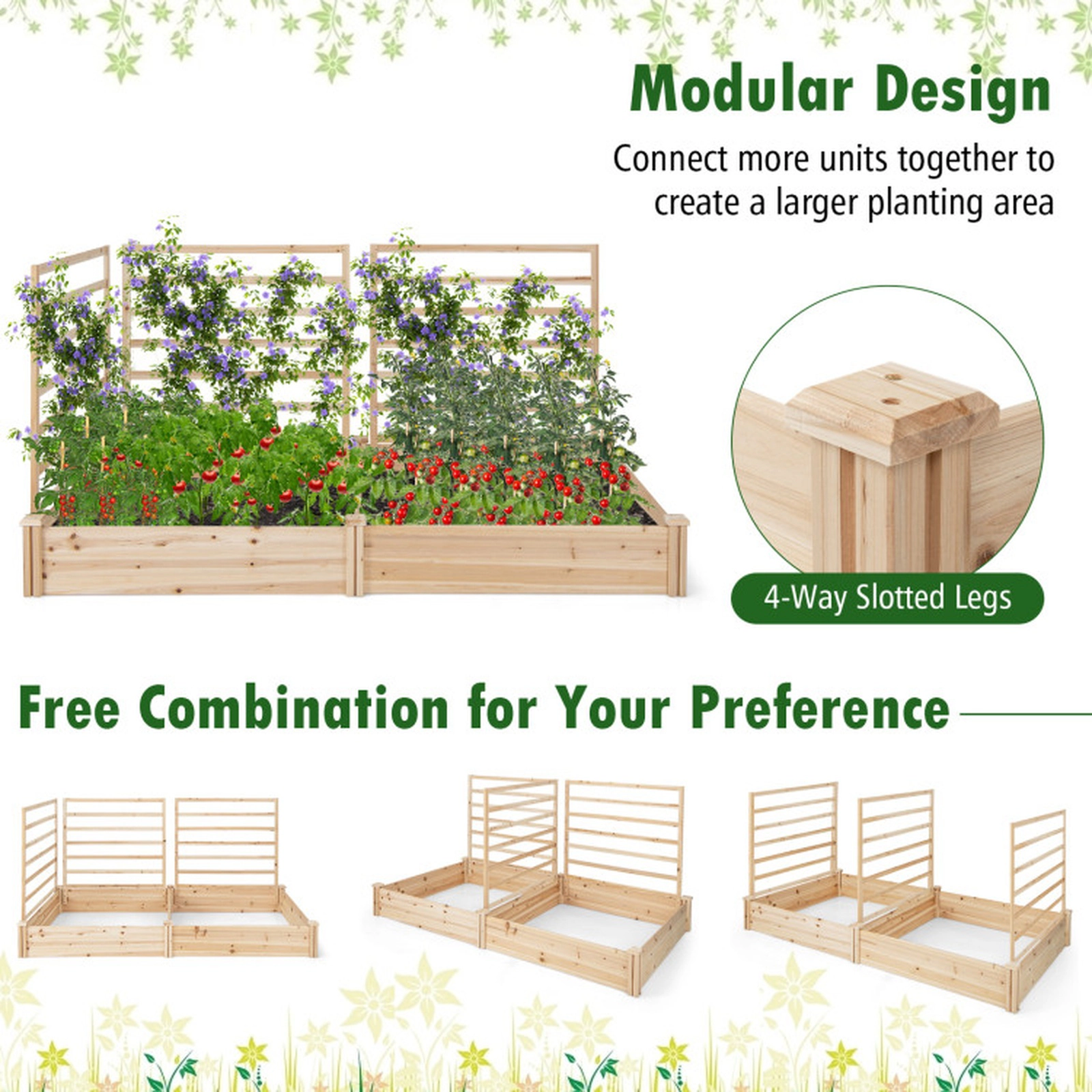 SUGIFT Natural Fir Wood Raised Garden Bed with 2 Planter Boxes and 3 Trellises 88-in W 45-in D 43-in H