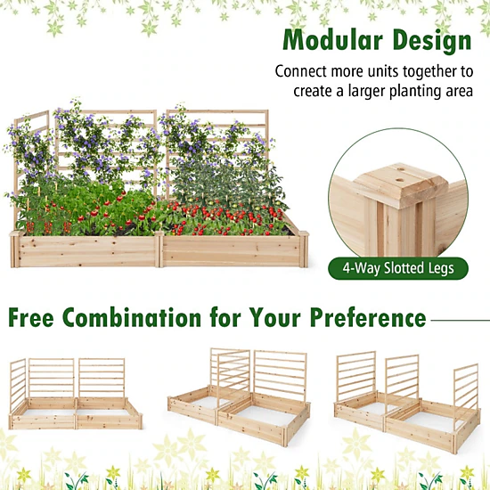 SUGIFT Natural Fir Wood Raised Garden Bed with 2 Planter Boxes and 3 Trellises 88-in W 45-in D 43-in H