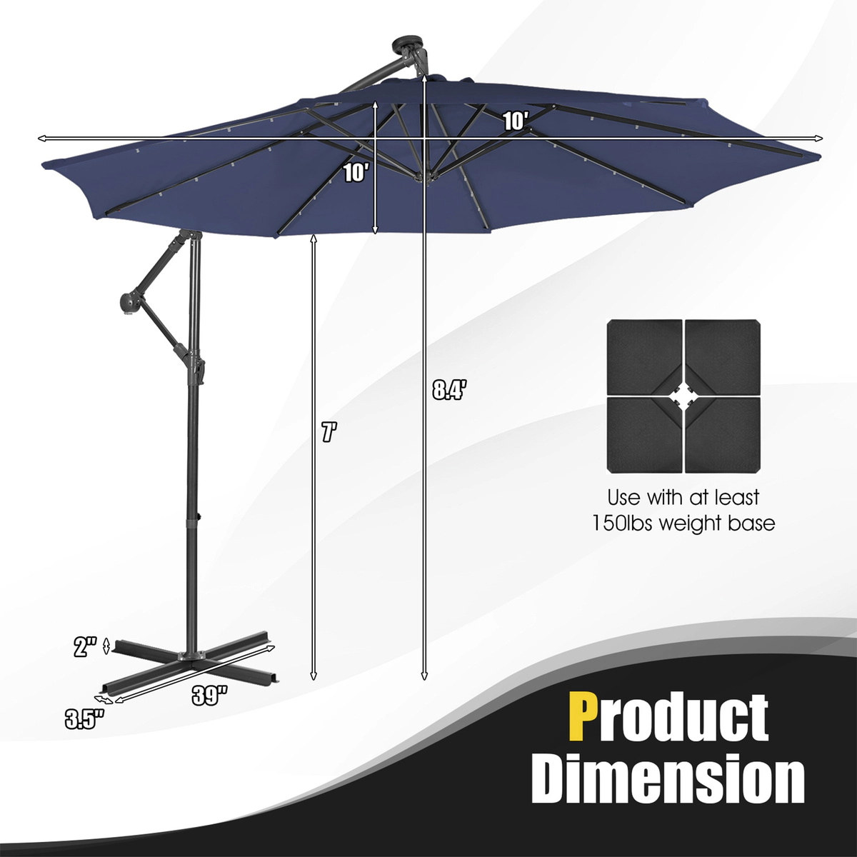 SUGIFT Solar Powered Cantilever Patio Umbrella with Tilting System and 32 LED Lights 10-ft Navy