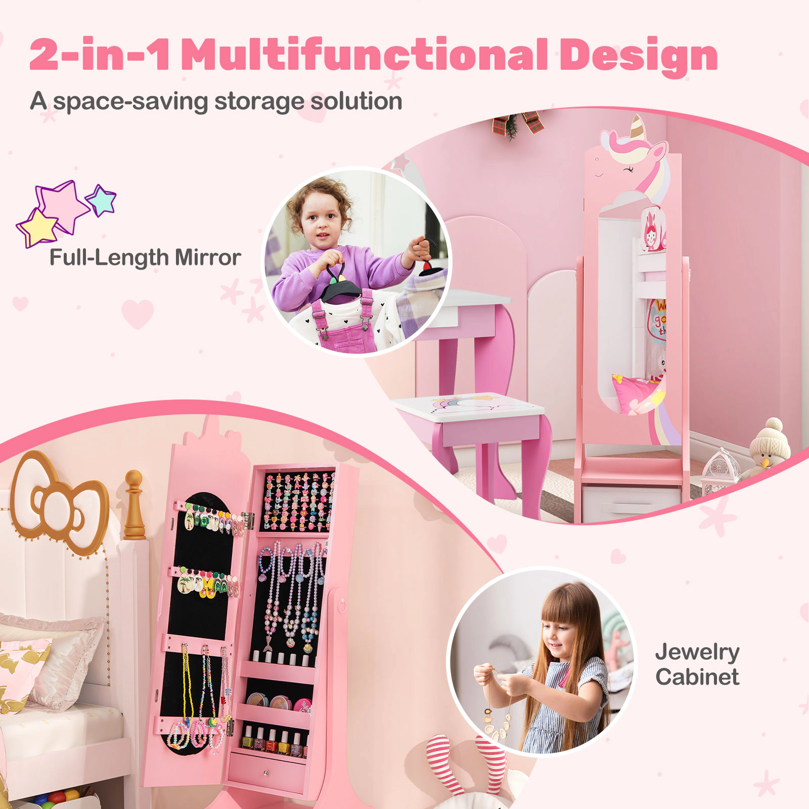 SUGIFT Full Length Mirror and 2 Tilt Angles Kids Jewelry Armoire Cabinet