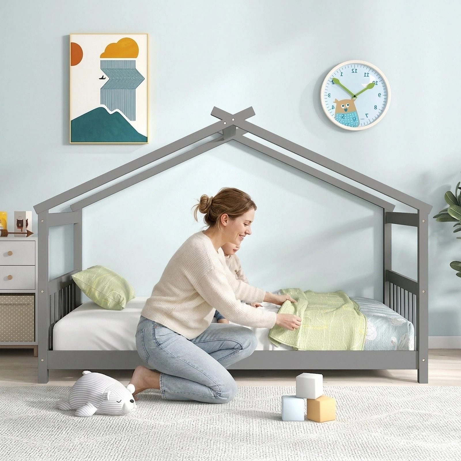 SUGIFT Twin House Bed Frame, Gray Wood Kids Platform Bed with Roof, Headboard, Footboard and 8 Slats