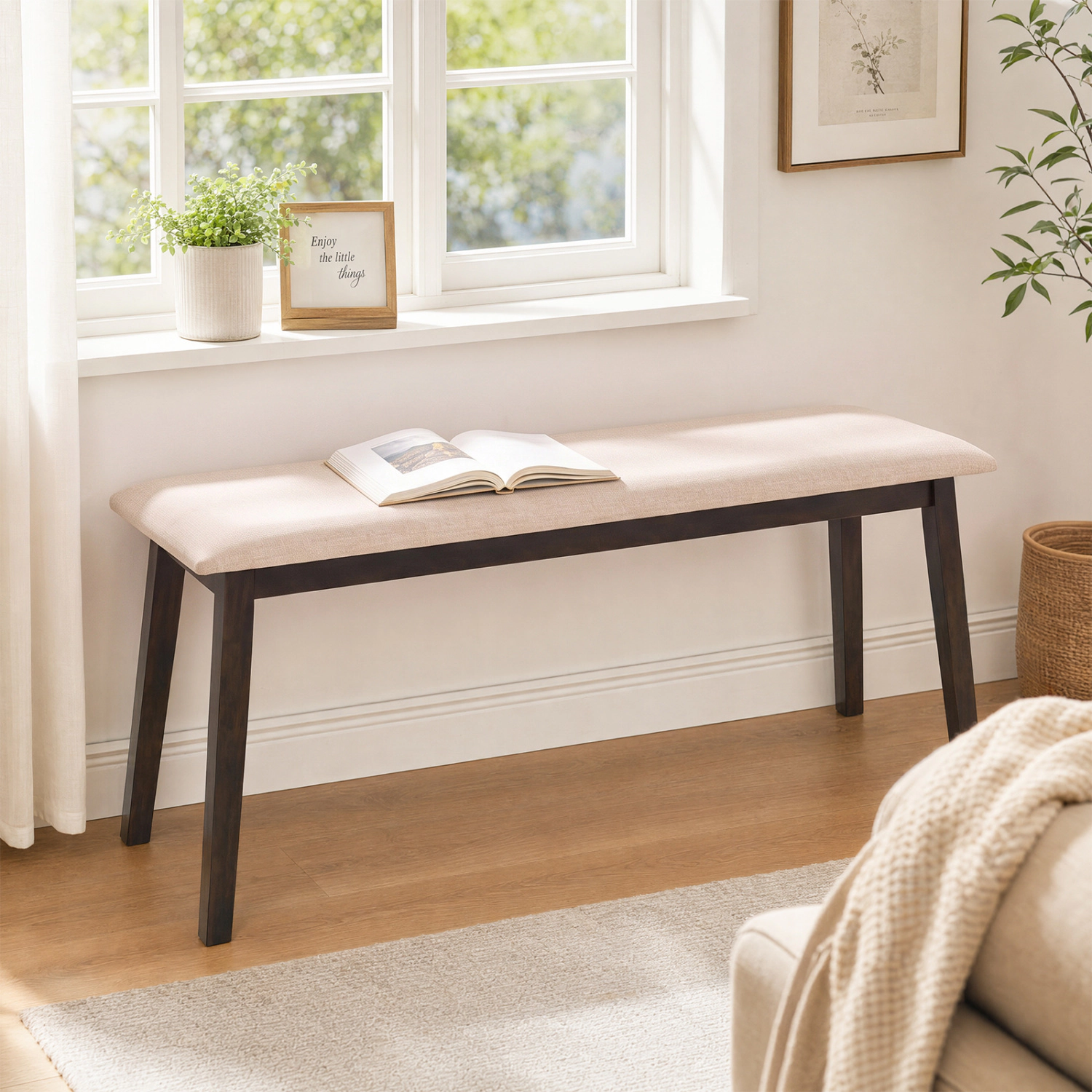 LJG 43.5 Inch Upholstered Entryway Bench with Rubber Wood Frame