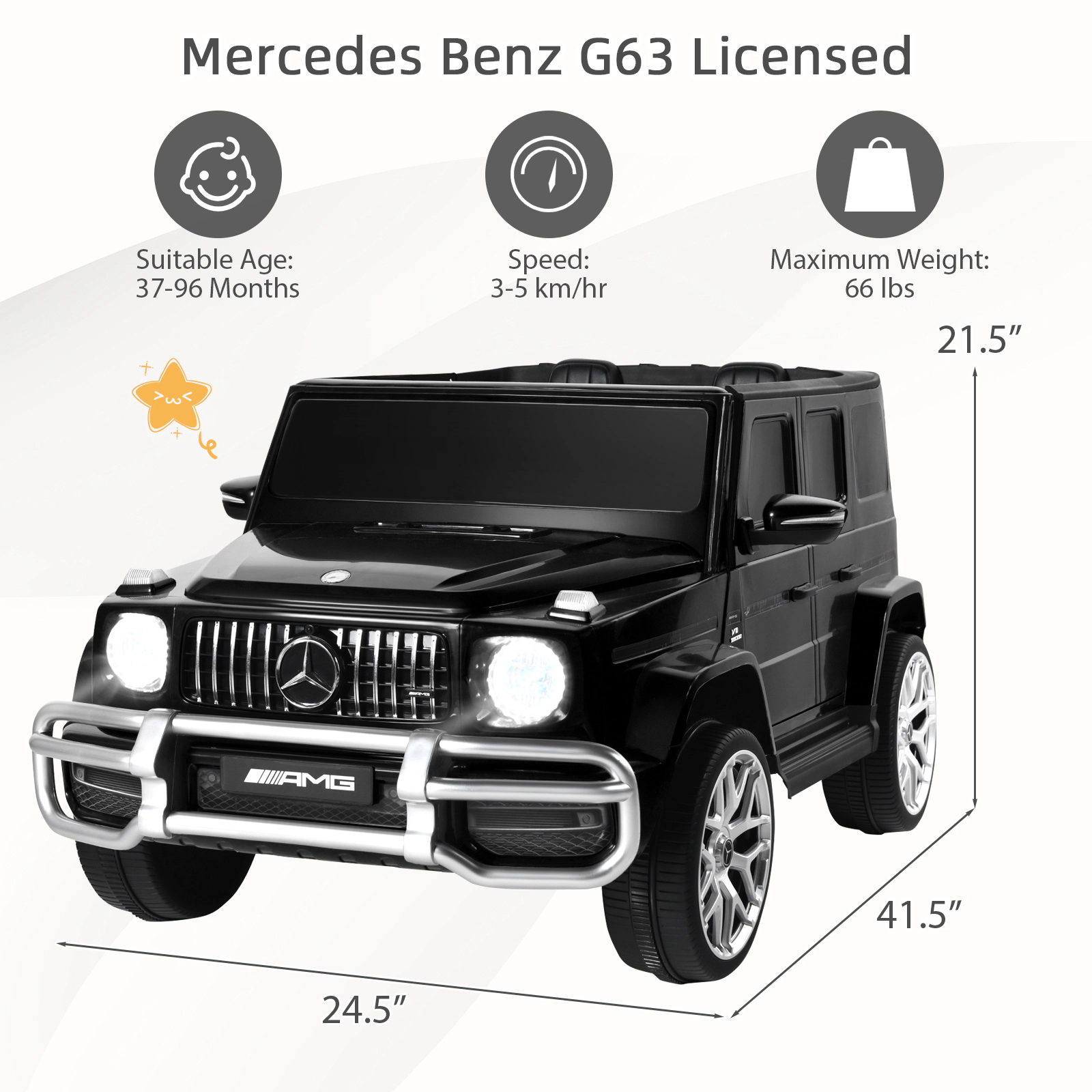 SUGIFT 12V Mercedes-Benz G63 Licensed Kids Ride-On Car with Remote Control 66-lb Capacity Ages 3+ Black