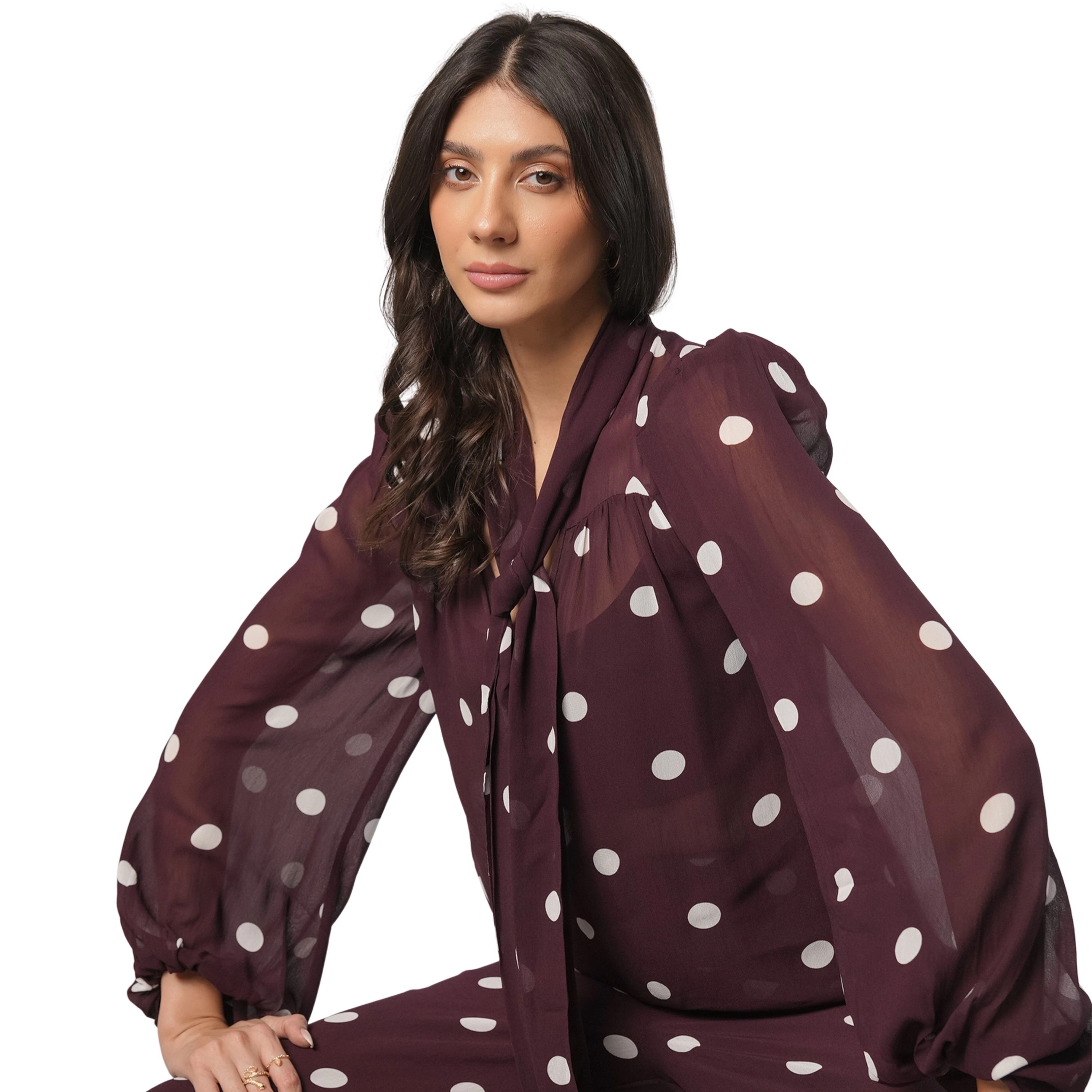 Rose & Nancy Women's Saphi Burgundy Polka Dot Print Bow Blouse