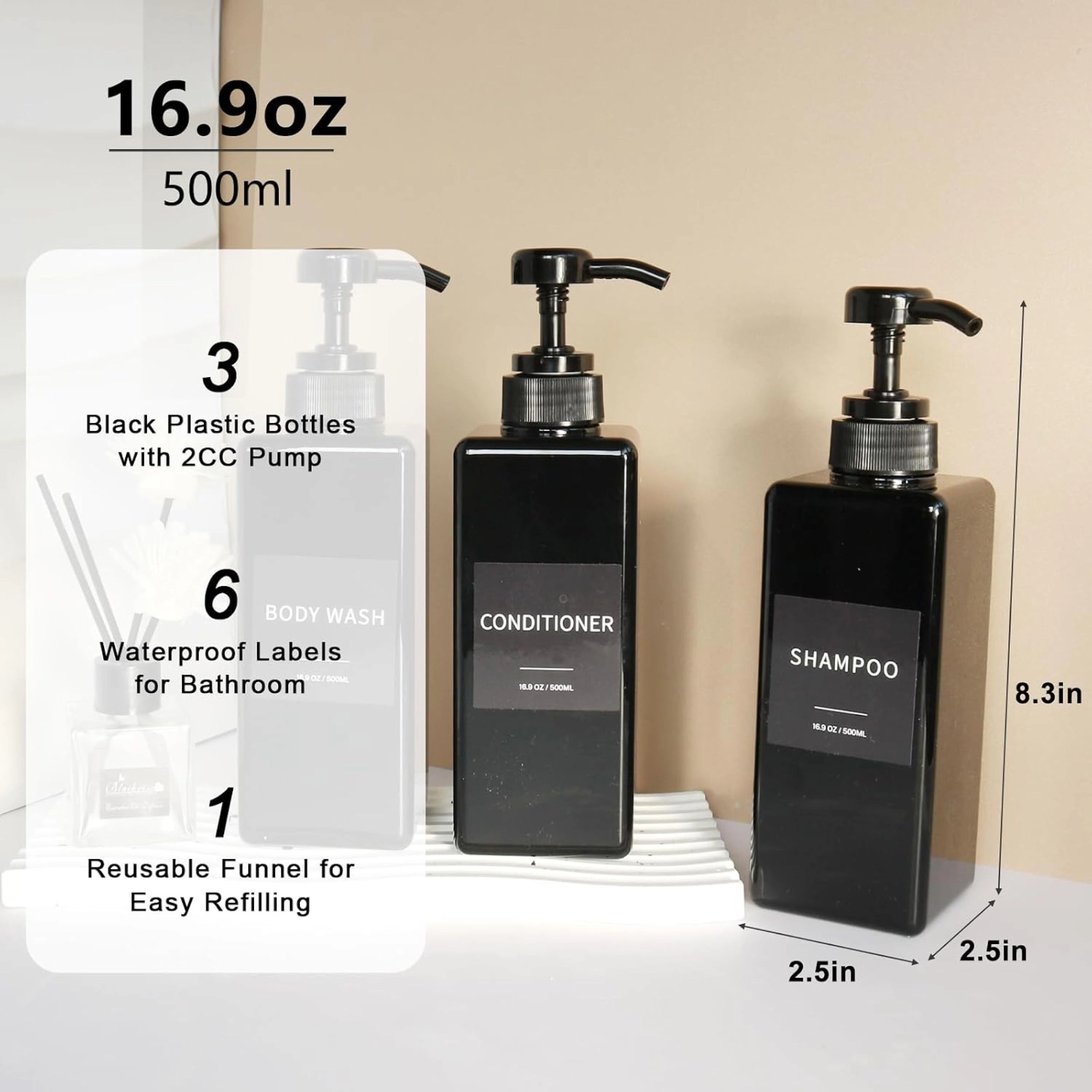 Stock Preferred Pack of 3 Shampoo Conditioner and Body Wash Pump Dispenser Set 16.9 Oz