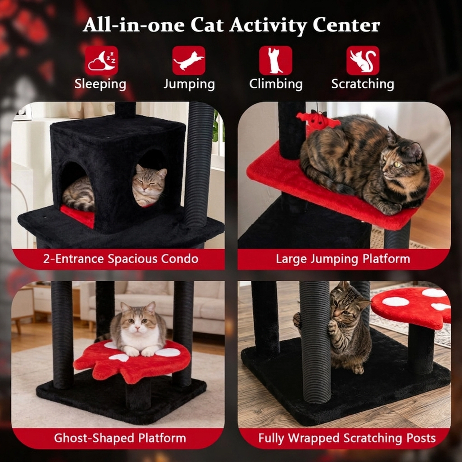 SUGIFT 57-in Gothic Spooky Cat Tree Tower with Padded Perch Condo and Spider Hanging Toy 22-lb Capacity Red and Black