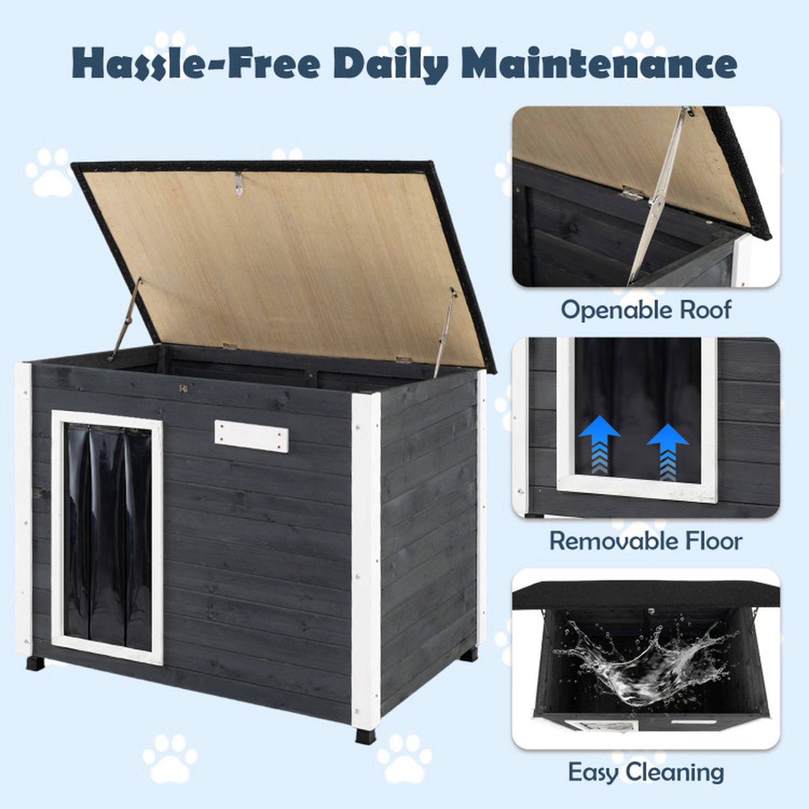 SUGIFT Gray Wooden Outdoor Dog House with Spruce Frame Removable Floor Asphalt Roof and PVC Curtain