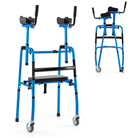 SUGIFT Versatile Rolling Walker with Flip-Up Seat and Adjustable Armrests 450-lb Capacity Silver Navy