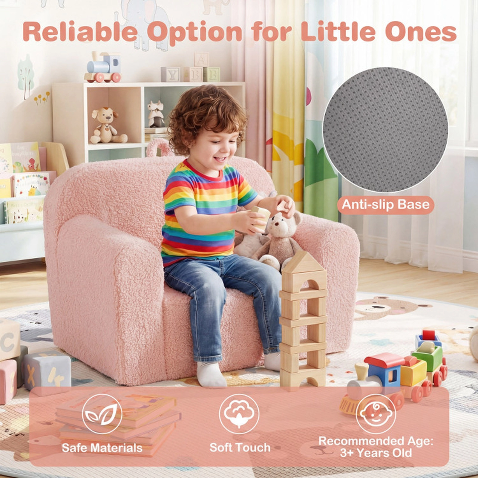 SUGIFT Teddy Fleece Kids Couch Toddler Sofa Chair with Carry Handle 24.5 x 16 x 16 in for Ages 3+ 4-lb Pink