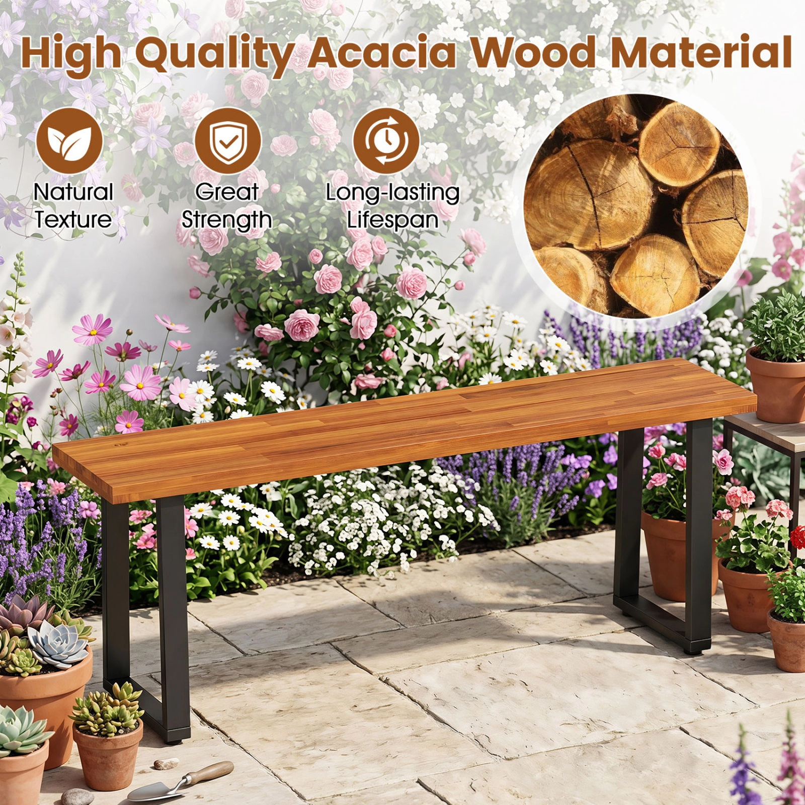 SUGIFT 47-In Backless Acacia Wood Outdoor Bench, 2-Person, Metal Legs, Natural