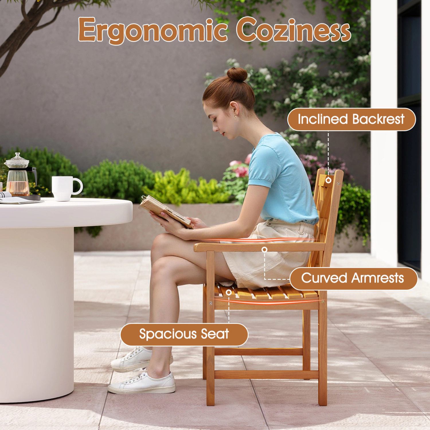 LJG 5-Piece Square Patio Dining Set for 4 with Acacia Table & Armchairs for Outdoor