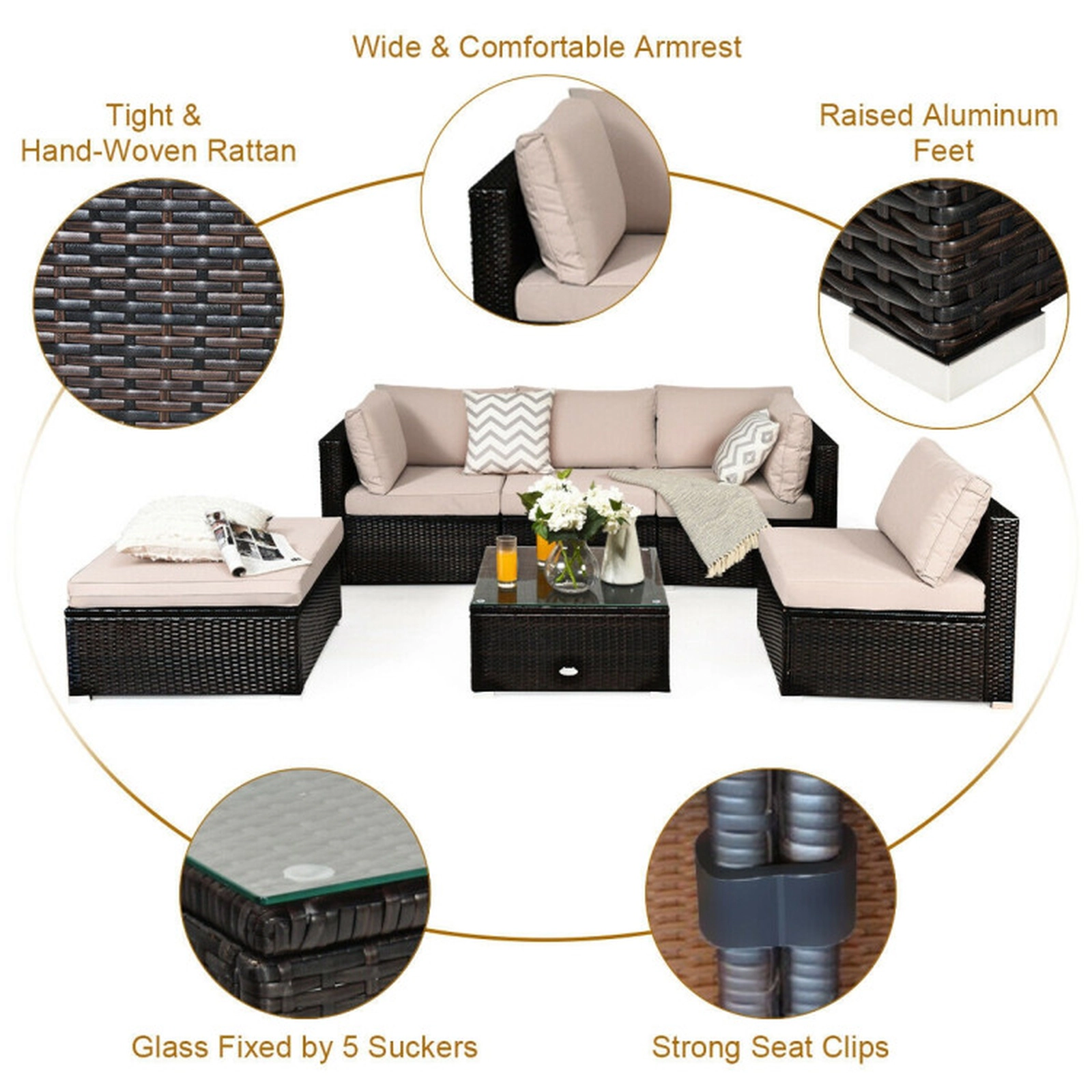 SUGIFT 6-Piece 355-lb Capacity Hand-Woven Rattan Outdoor Patio Sectional Sofa Set with Ottoman and Glass Table