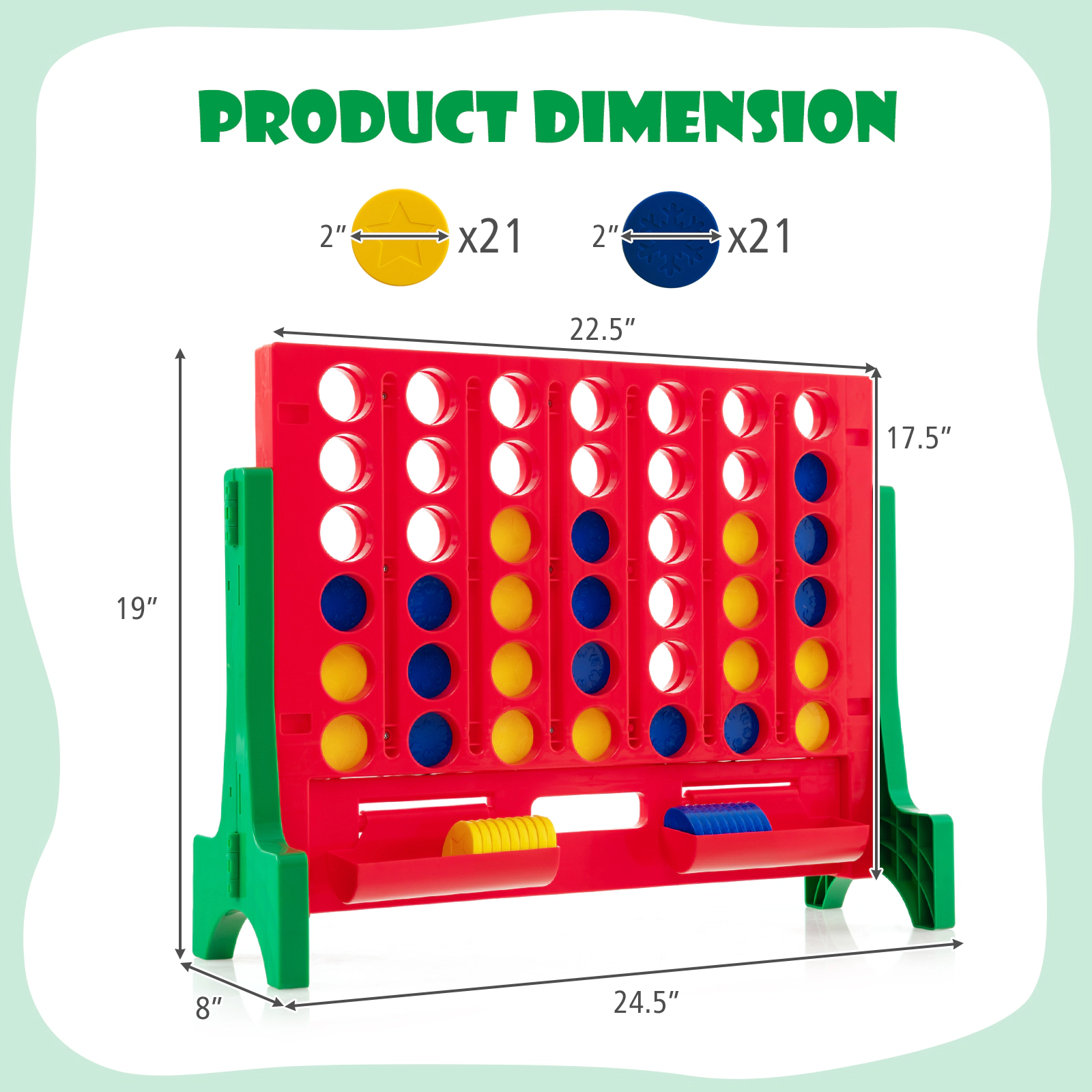 SUGIFT Jumbo 4-to-Score Connect Game Set with Carrying Bag and 42 Coins Tabletop or Wall-Mounted Board Green