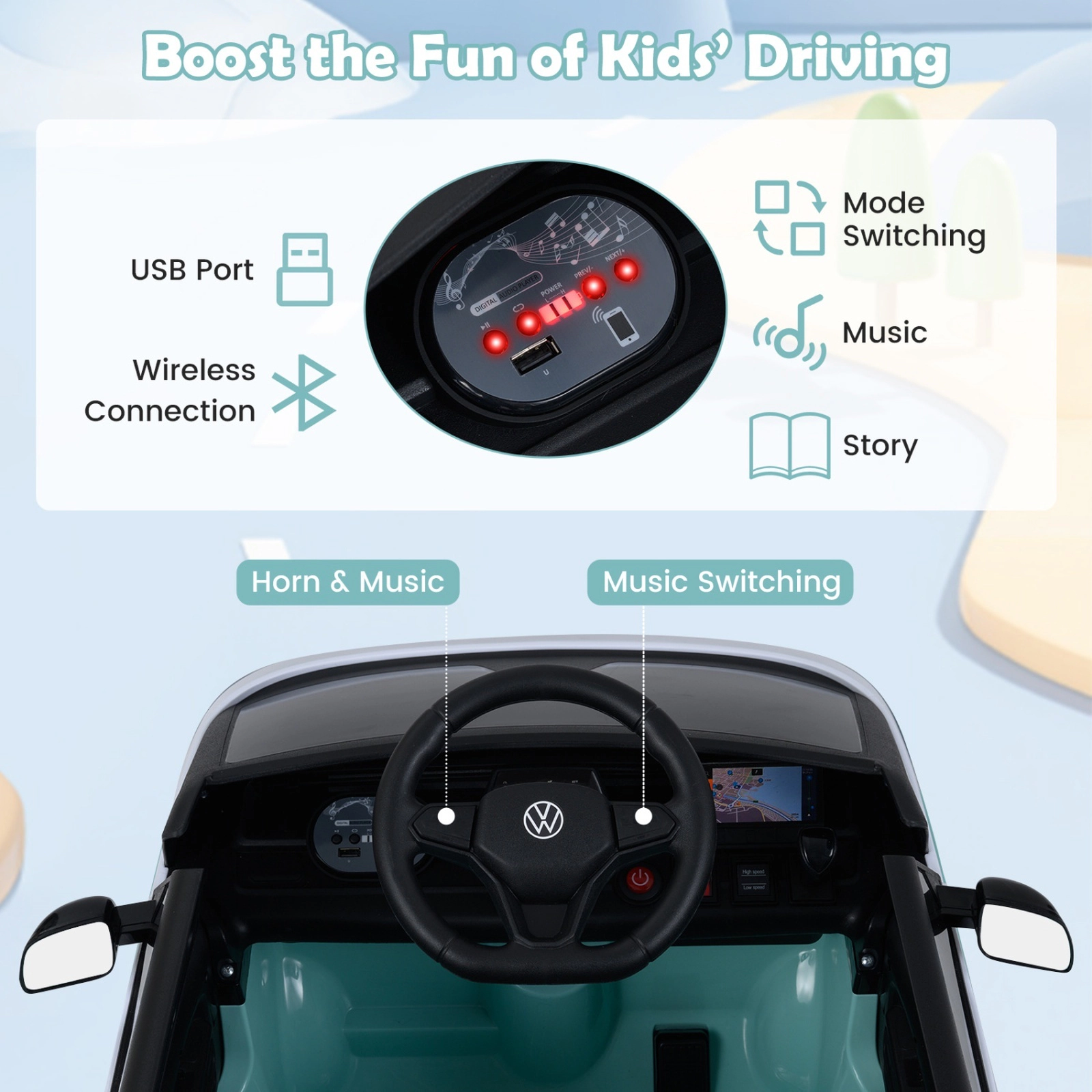 12V Kids Ride On Car Bus with Shift Lever Parent Remote Spring Suspension and LED Headlights for Ages 3-7 Electric Car