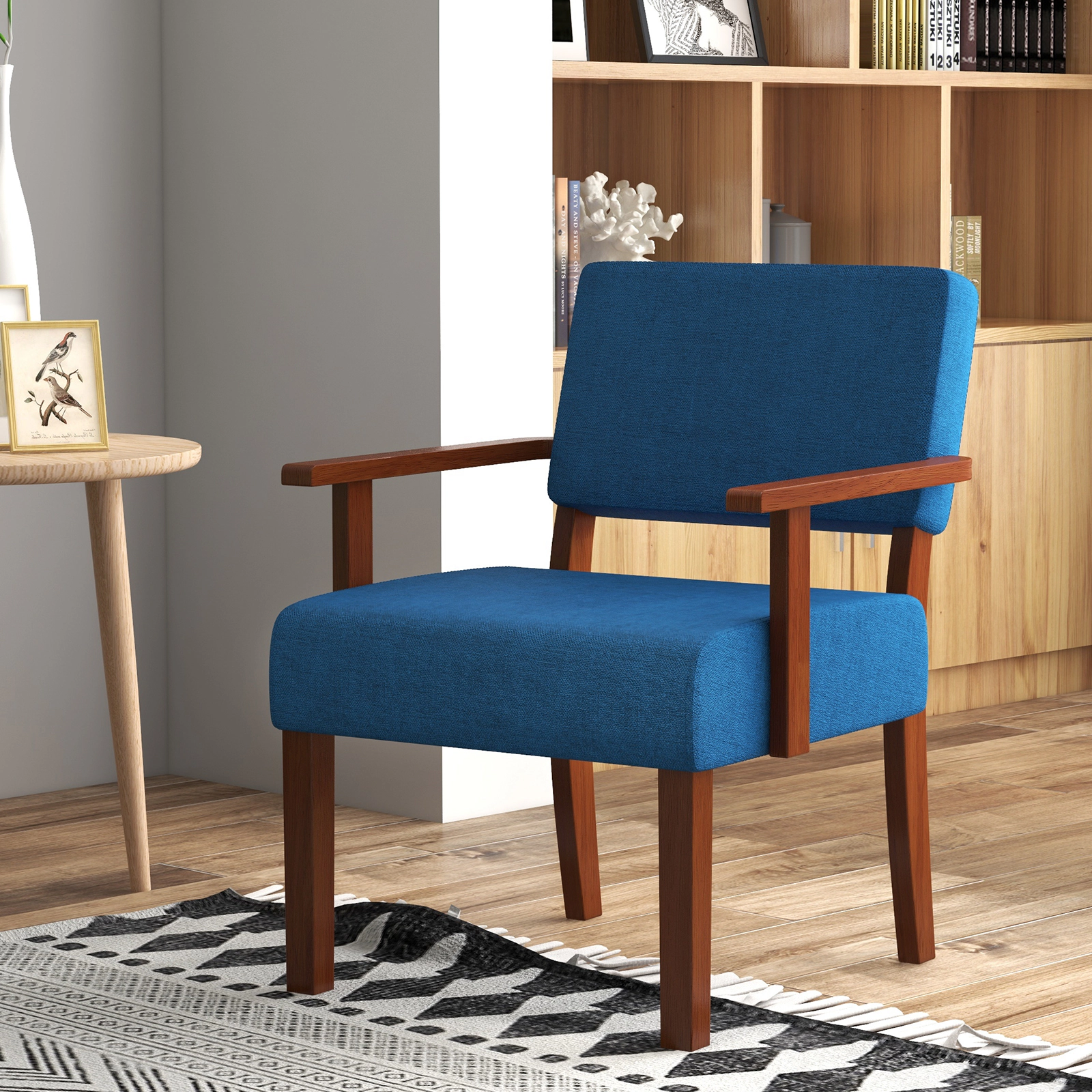 SUGIFT Blue Linen Upholstered Club Armchair with 6-Inch Padded Seat, Rubber Wood Frame