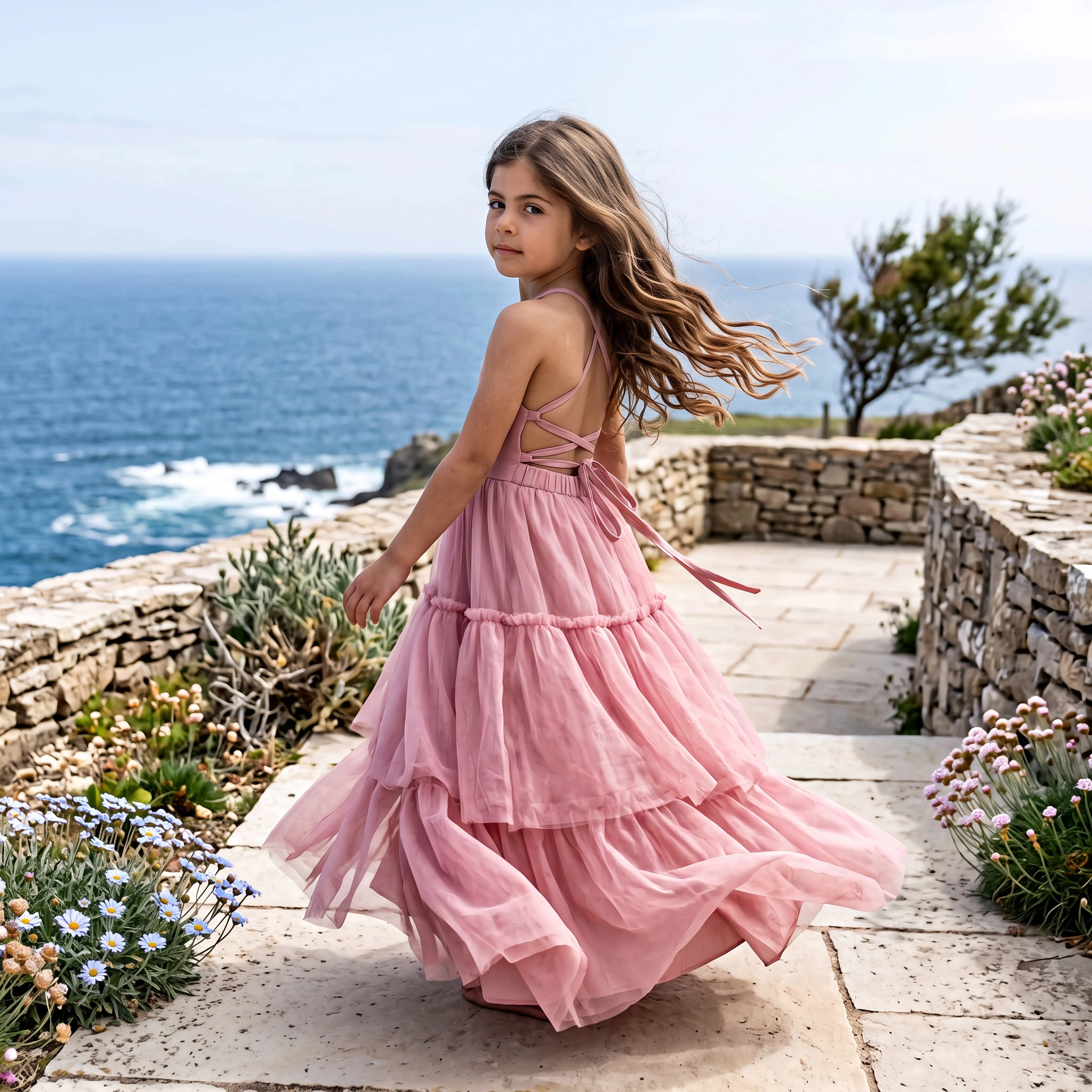 2Bunnies Girls Boho Tiered Tulle Maxi Dress with Crisscross Open Back