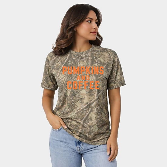 Simply Sage Market - Women's Heavyweight Camo Tee - Pumpkins And Coffee Orange
