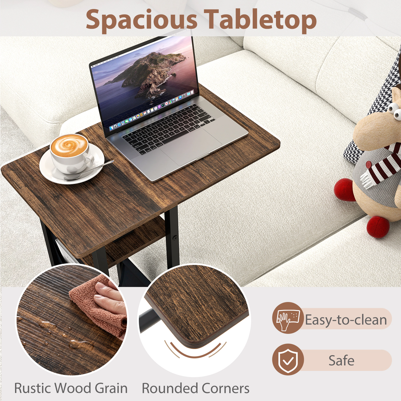 Glintex C-Shaped End Table with Retractable Top Charging Station and Storage Pocket, Coffee