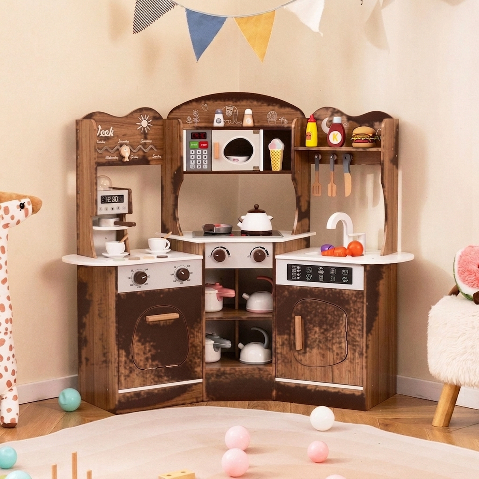 Corner Wooden Play Kitchen Toy Coffee Machine Slide Light Up Microwave Washing Machine 41-in x 12-in x 37-in Brown