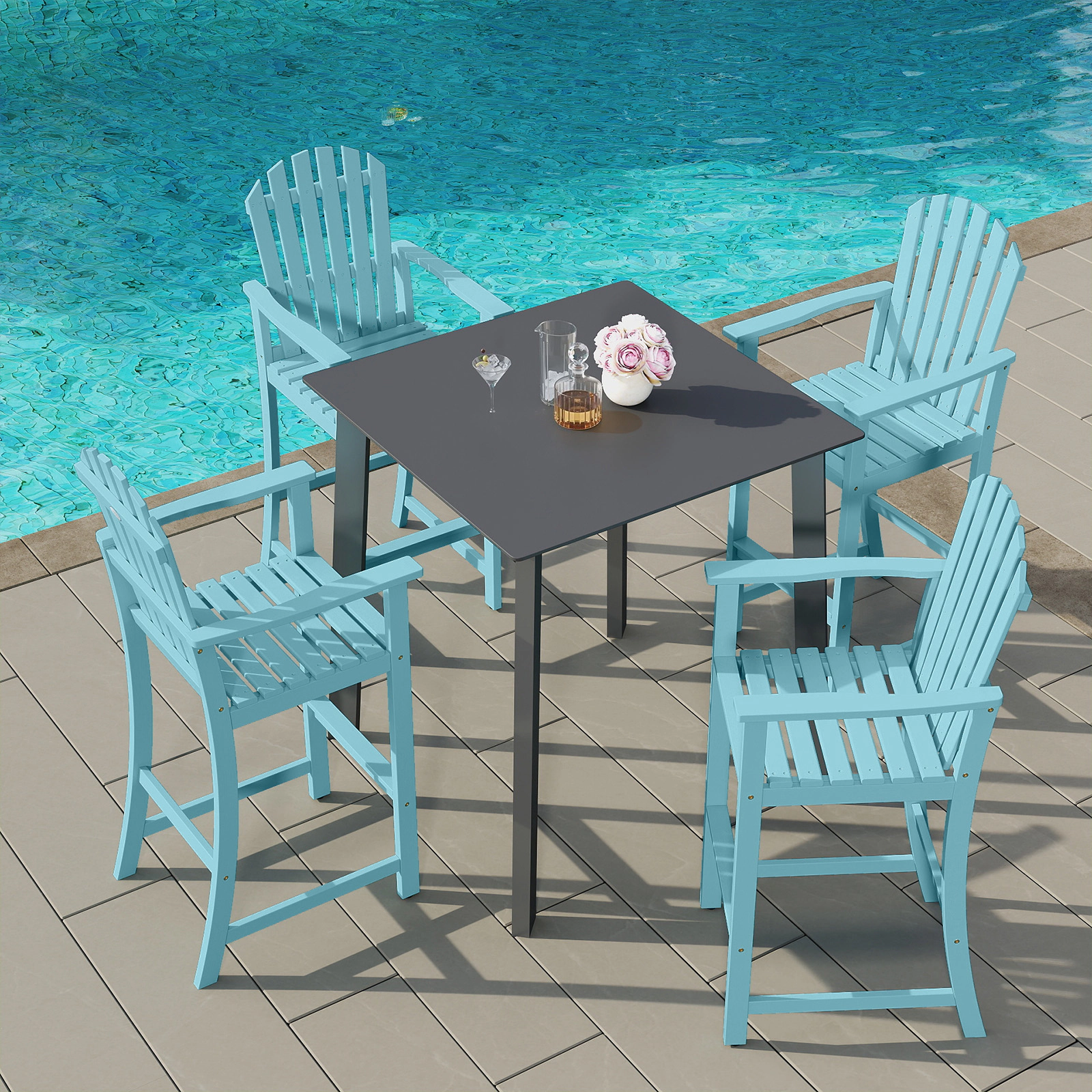 SUGIFT Turquoise Acacia Wood Adirondack Bar Chair, 31-Inch Seat, Footrest