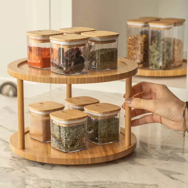 OU Airtight Food Storage Container Set 8pc, Clear Plastic Container w/ Leak Proof Bamboo Lid, Stackable Pantry Organizer