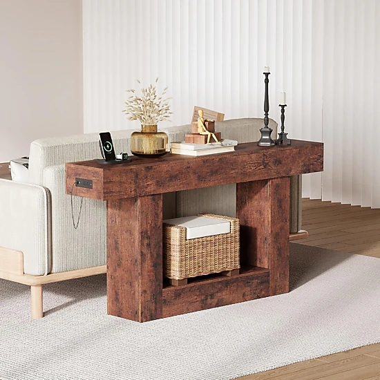 BebreezChic 63" Entryway Table, 2-Tier Narrow Console w/ Storage & Charging