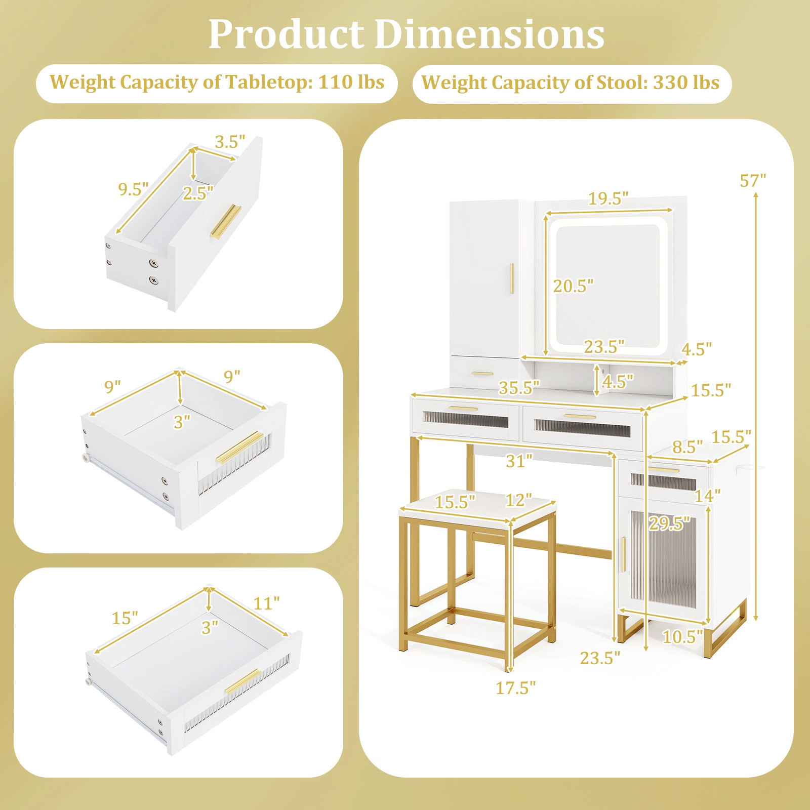 SUGIFT Makeup Vanity Desk and Stool Set with Lighted Mirror Jewelry Cabinet and Built-In Power Sockets