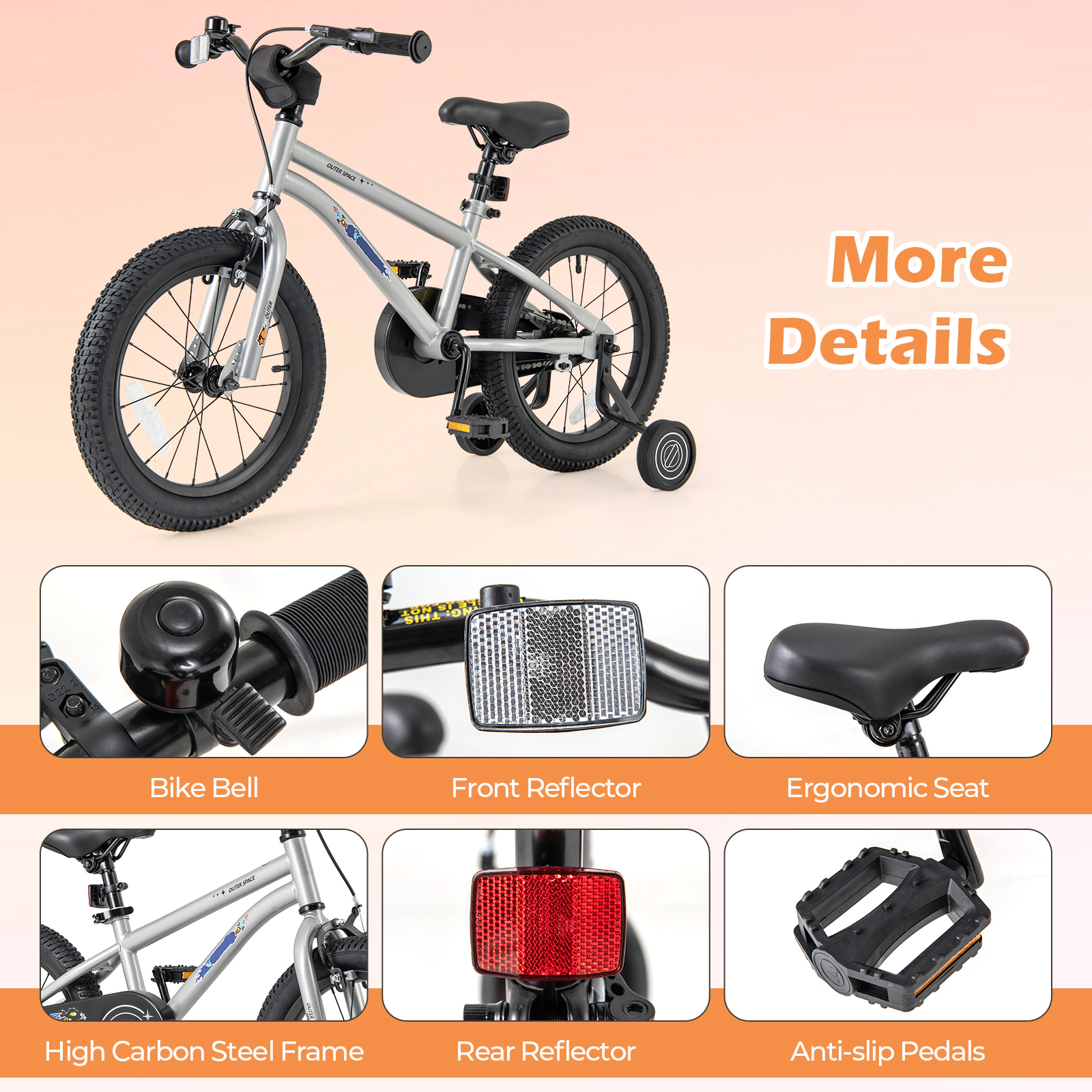 SUGIFT Adjustable Dual-Brake Kids Bicycle with Training Wheels 145-lb Capacity Ages 4-7 16-Inch Wheels Silver