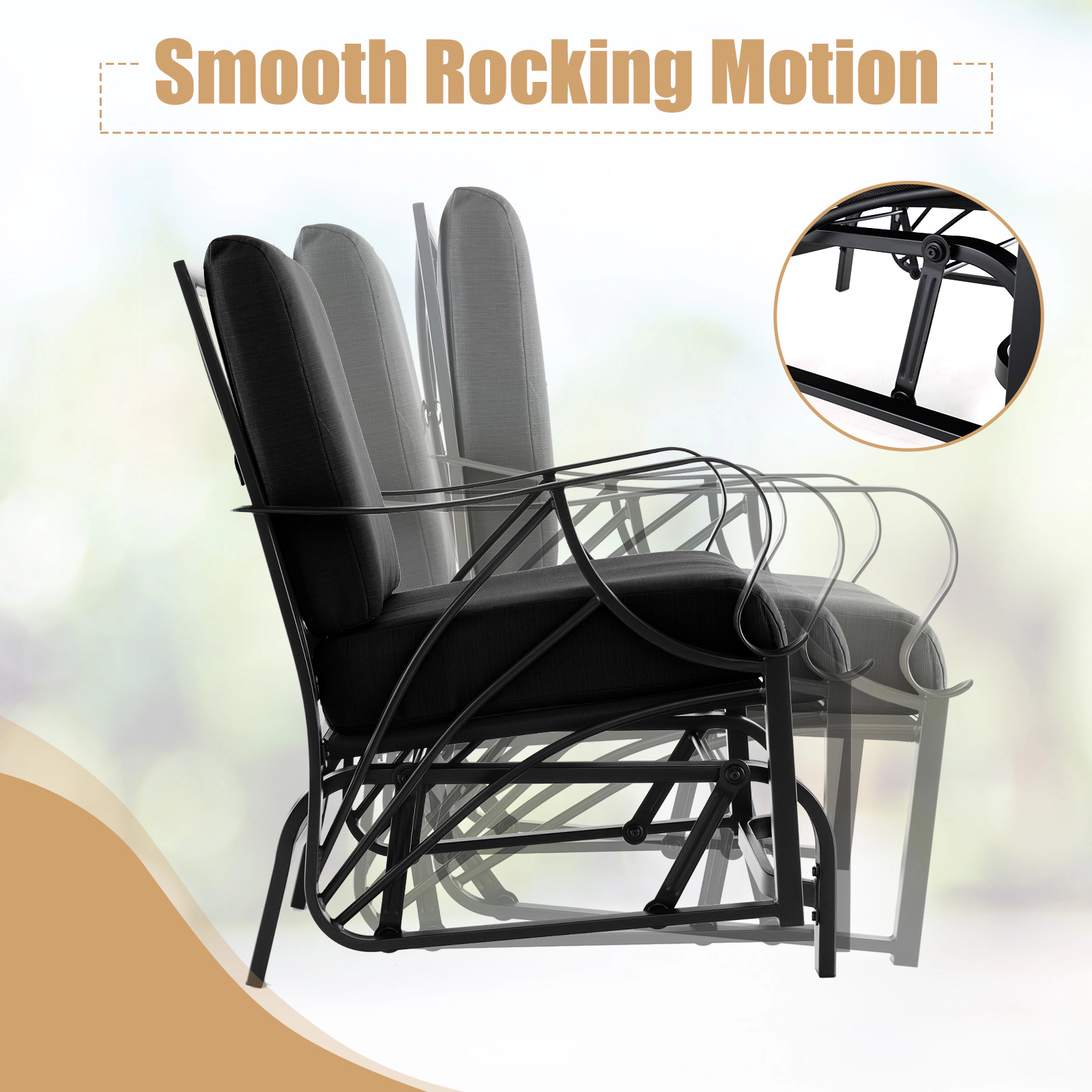 LJG Patio Glider Rocking Chair with Thick Cushion and Curved Armrest