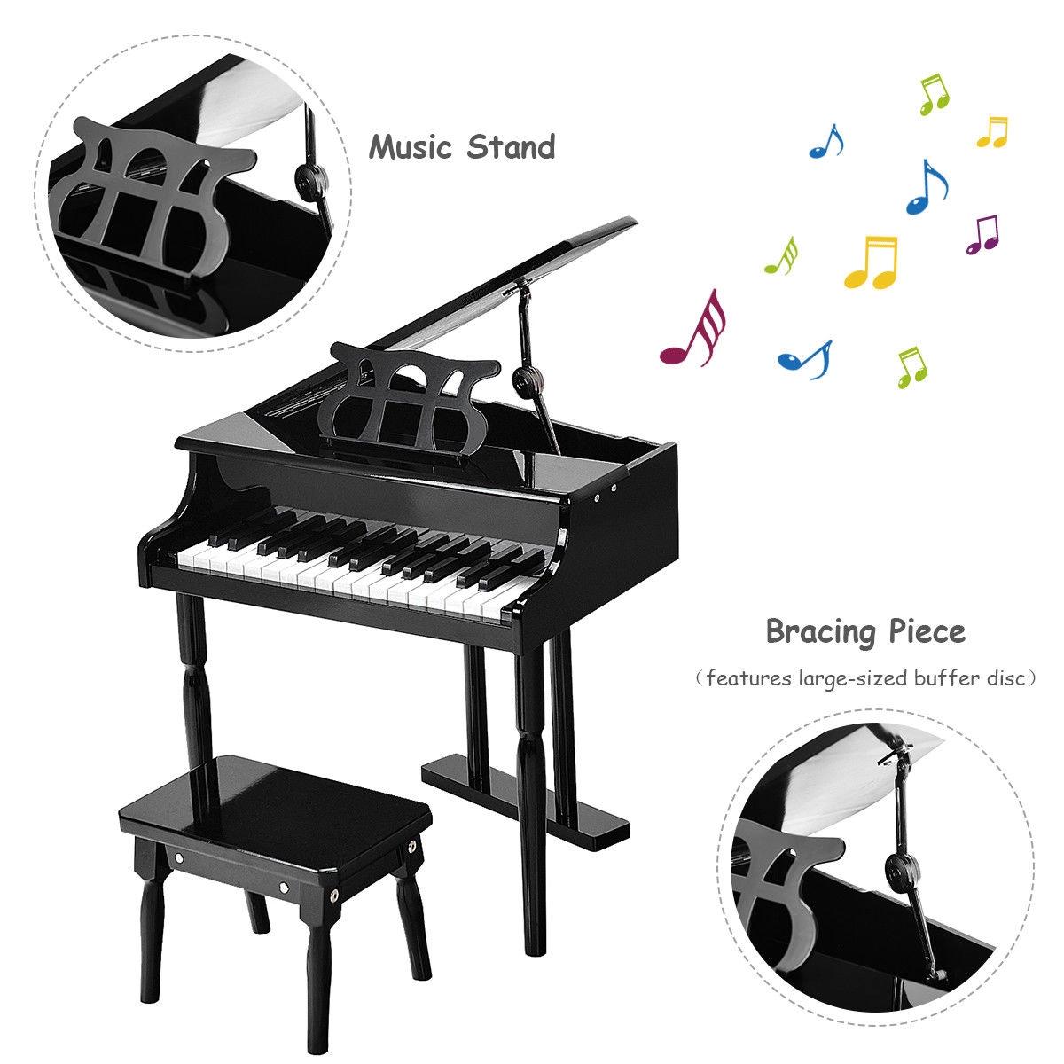 SUGIFT Black 30-Key 110-lb Bench Capacity Kids Mini Grand Piano with Birch Legs and Safety Hinge Cover