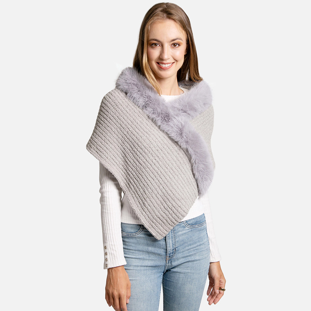 TRUEDAMES Women Faux Fur Trim Solid Knitted Rib Shawl Wrap