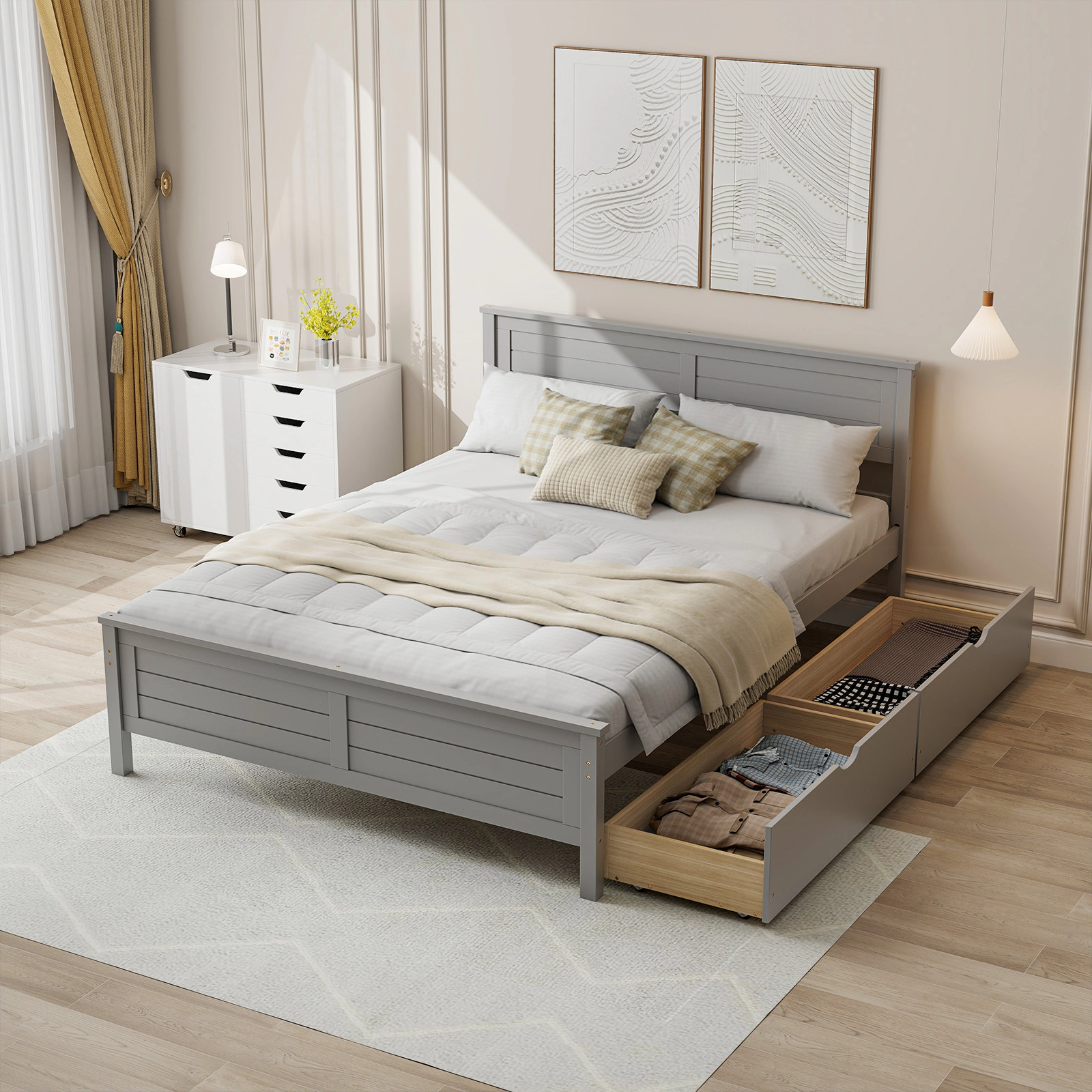 Full Size Bed Frame with 2 Storage Drawers and Solid Wood Headboard Gray Platform Bed with Wooden Slats