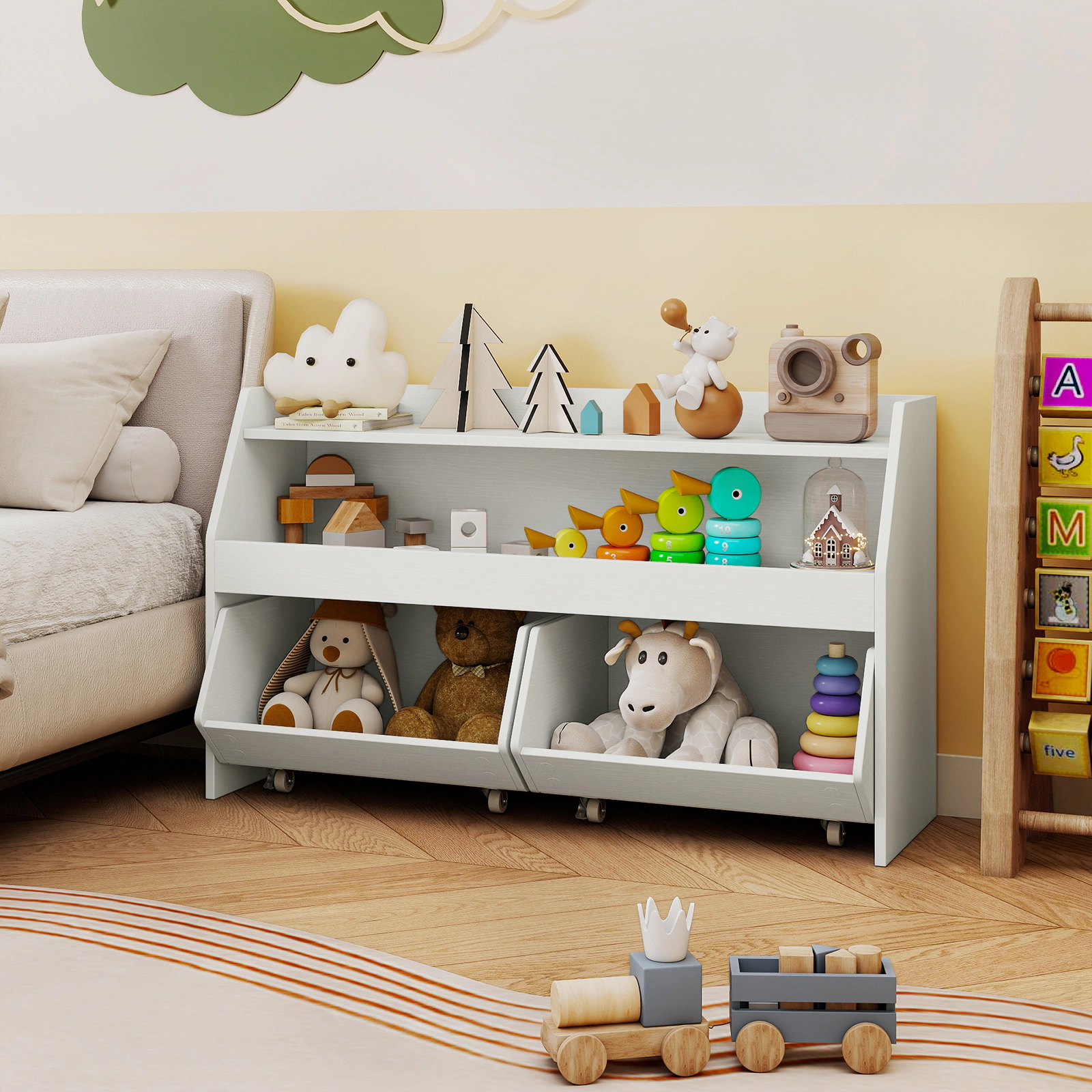 SUGIFT Kids Toy Storage Organizer Wooden Bookcase with 2 Movable Drawers 176-lb Capacity 3+ Years Gray/ White
