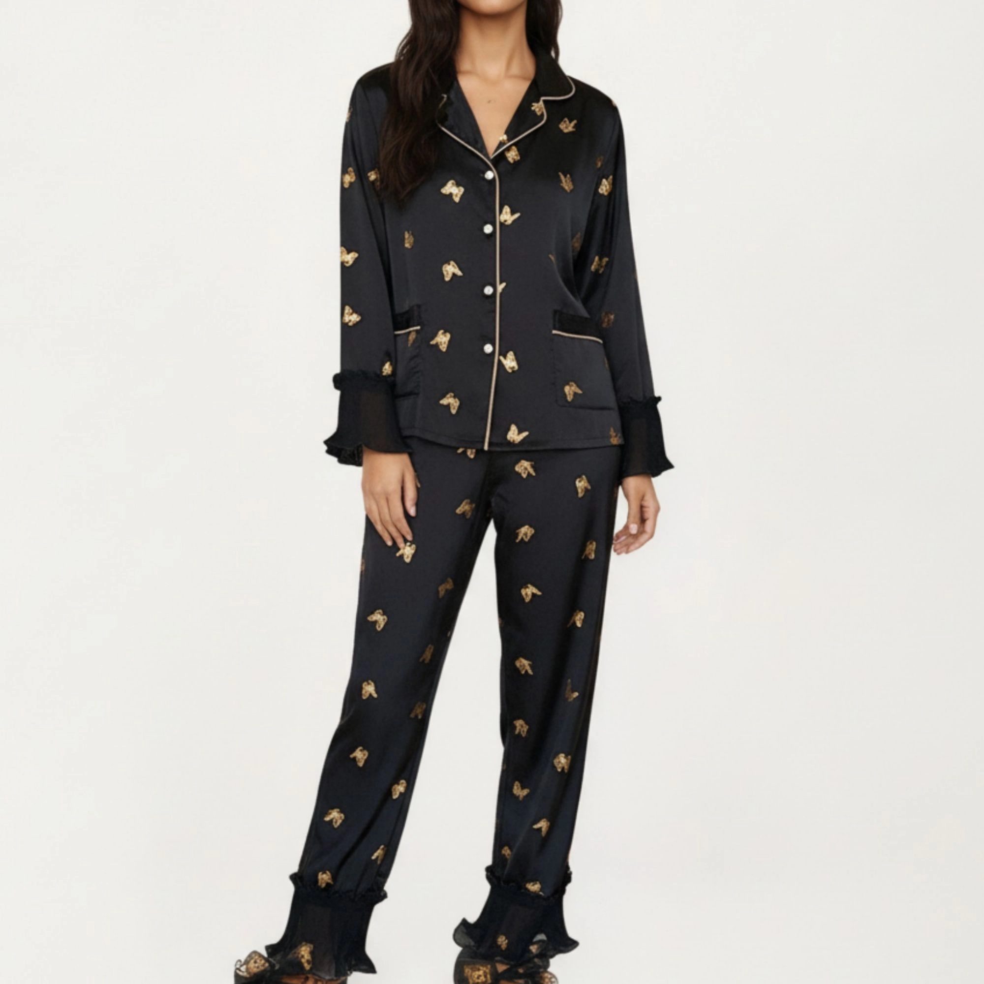 Anna-Kaci Women's 2-Piece Satin Pajama Top with Piping Detail and Ruffled Cuffs Paired Matching Pants