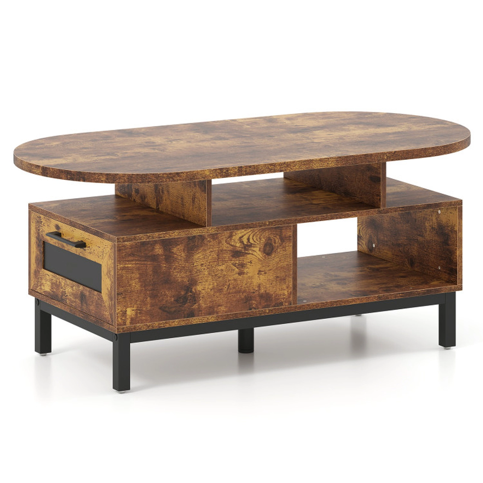 SUGIFT 47-in 110-lb Capacity Rustic Brown Oval Coffee Table with Drawer 2 Open Compartments and 5-Leg Base
