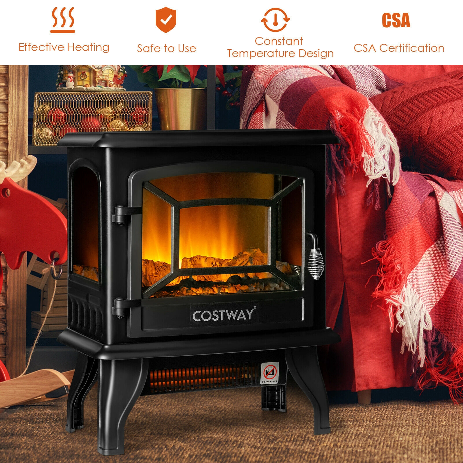 SUGIFT 1400W Freestanding Electric Fireplace Stove, 4777 BTU, 3-Sided View, Openable Door