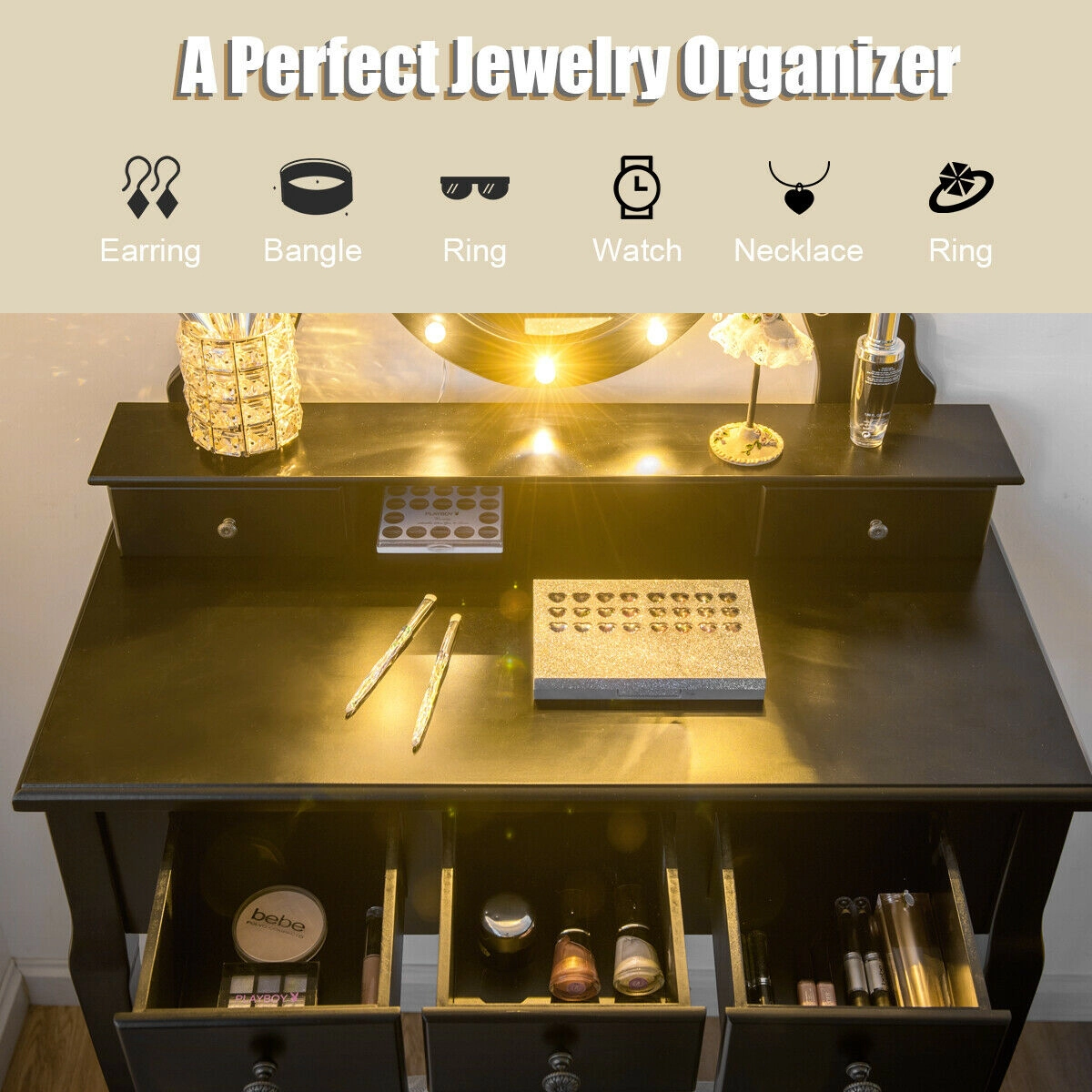 SUGIFT 5-Drawer Vanity Table and Stool Set with 12-LED Oval Mirror 31.5-in Table Height Black