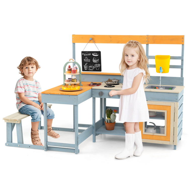 SUGIFT 2-in-1 Fir Wood Mud Play Kitchen with Kids Picnic Table and Built-in Bench 59 x 28 x 39 in Ages 3+ Multicolor