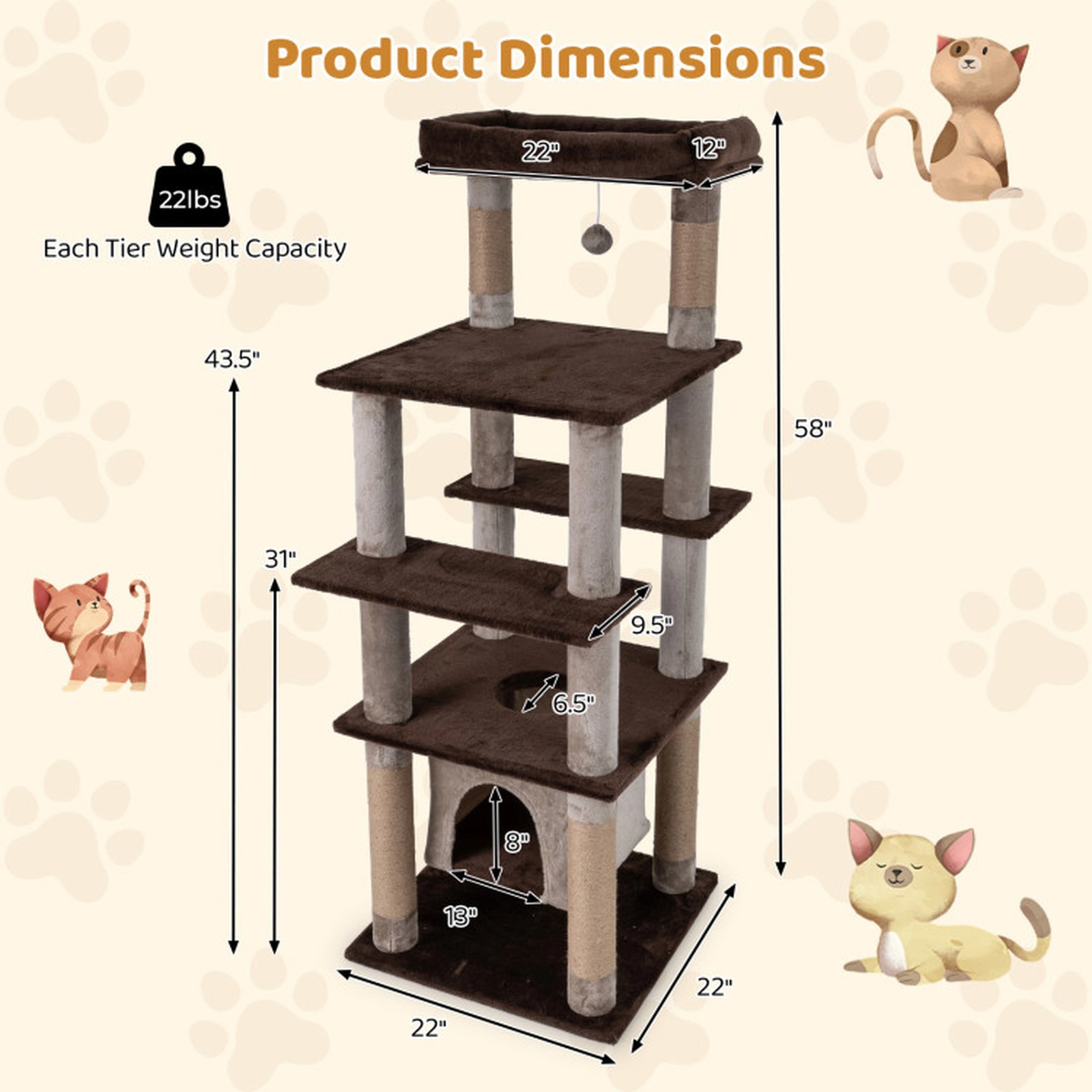 SUGIFT Brown Multi-Level Cat Tree with Swaying Aerial Condo and Top Perch 22-in W 22-in D 58-in H 22-lb Per Tier