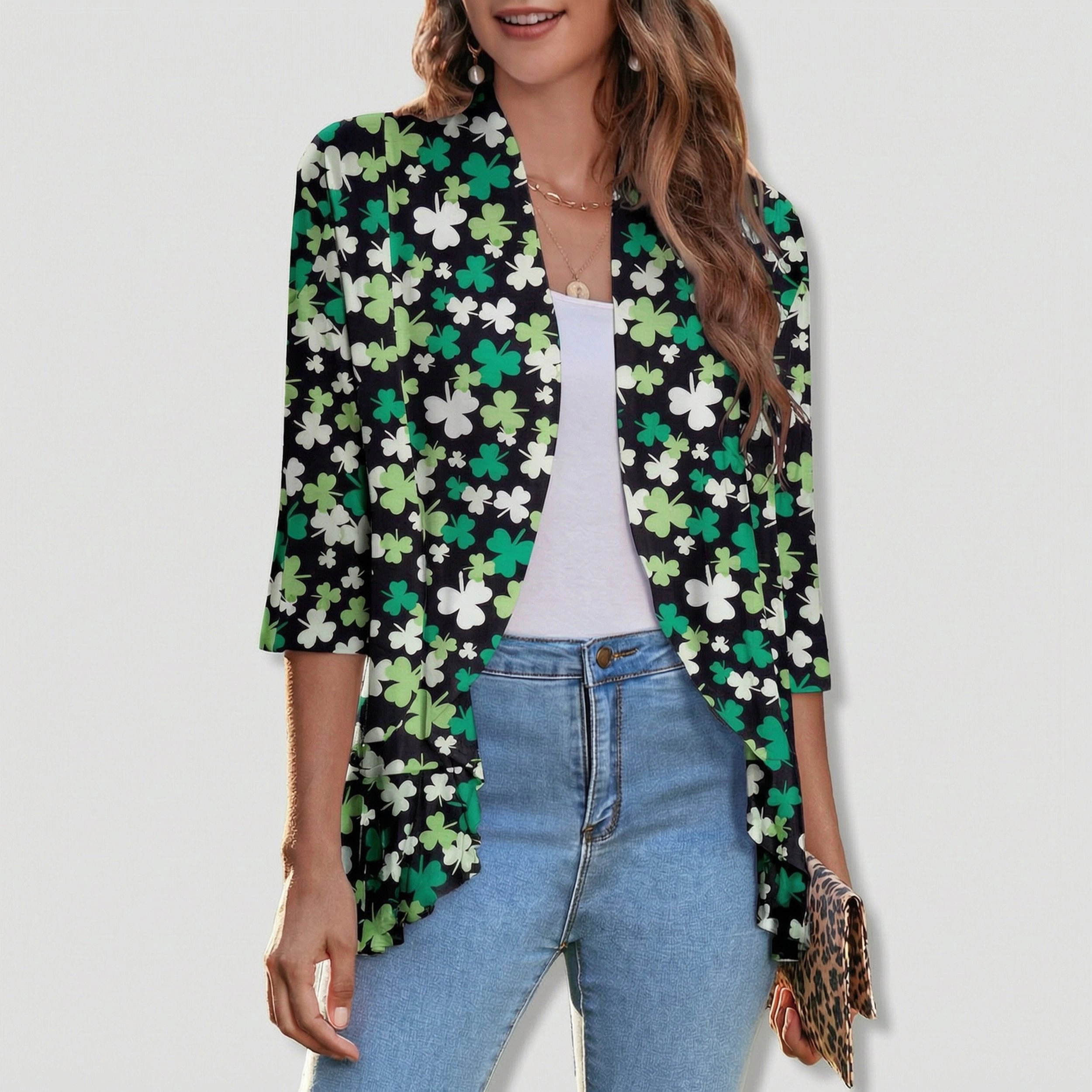Zeagoo Women's Open Front 3/4 Sleeve Draped Ruffles Knit Cardigan