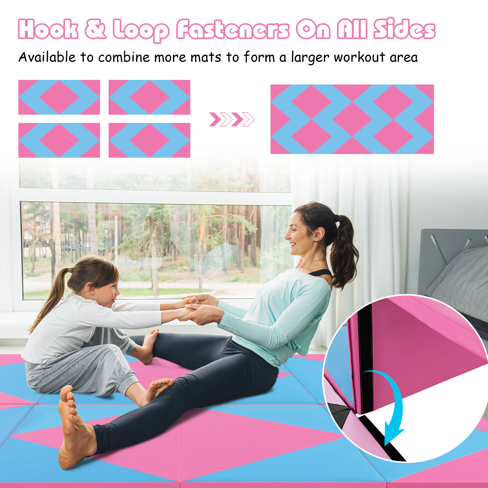SUGIFT Pink and Blue 4-Panel Folding Gymnastics Exercise Mat with Hook and Loop Fasteners 8-ft W 4-ft D 2-in H