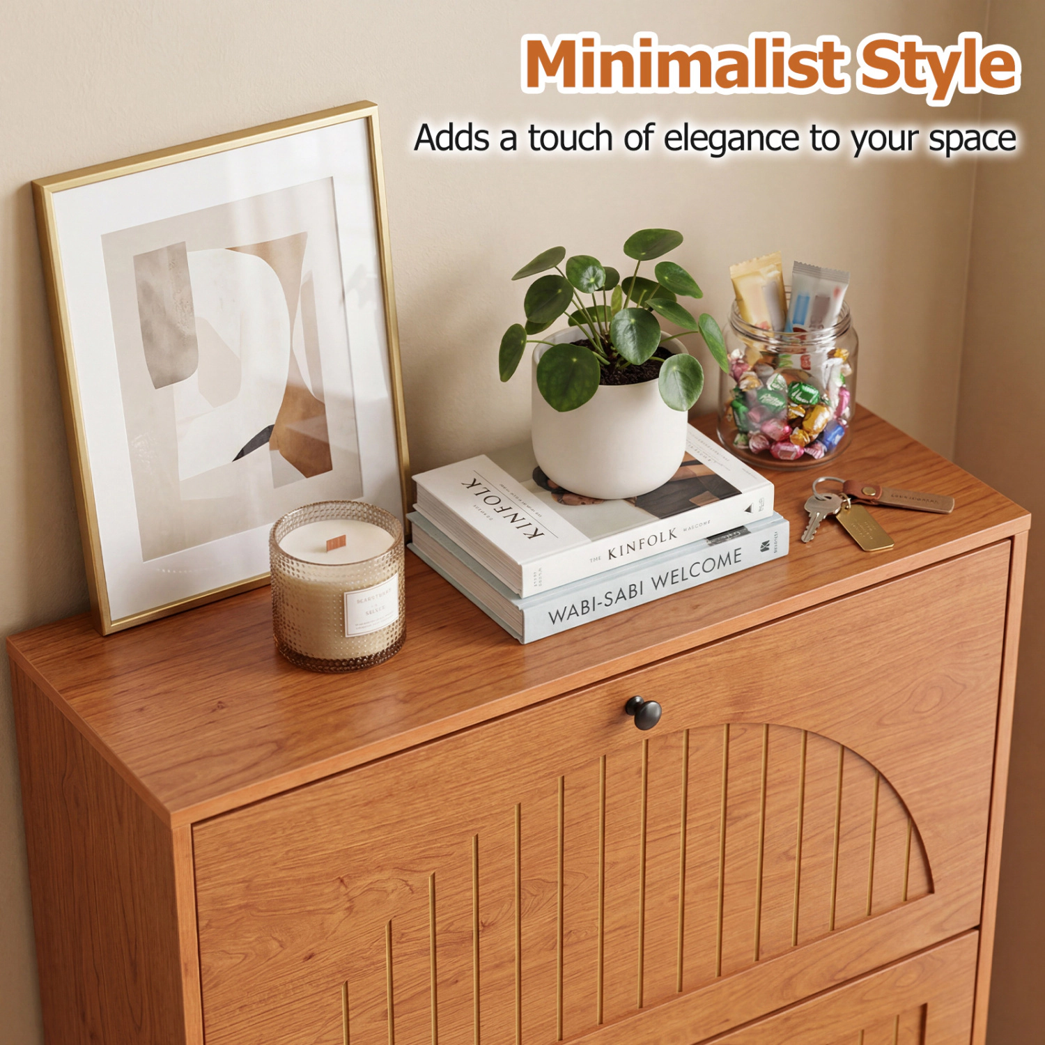 Glintex Slim Oak Shoe Cabinet with 2 Flip Drawers and Solid Wood Legs, Oak