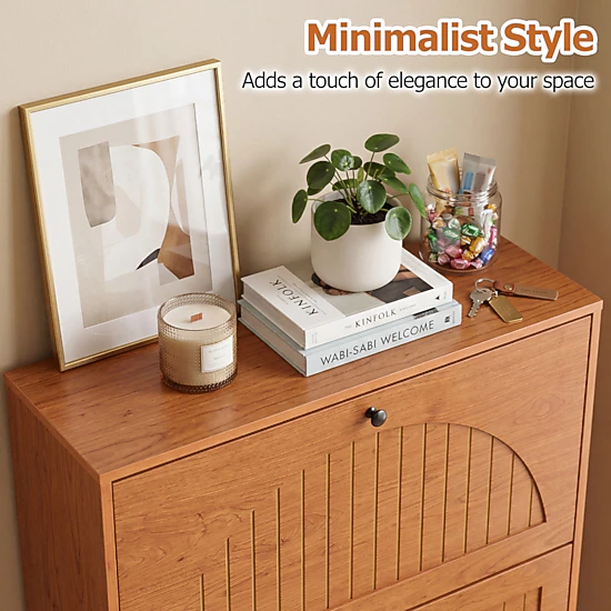 Glintex Slim Oak Shoe Cabinet with 2 Flip Drawers and Solid Wood Legs, Oak