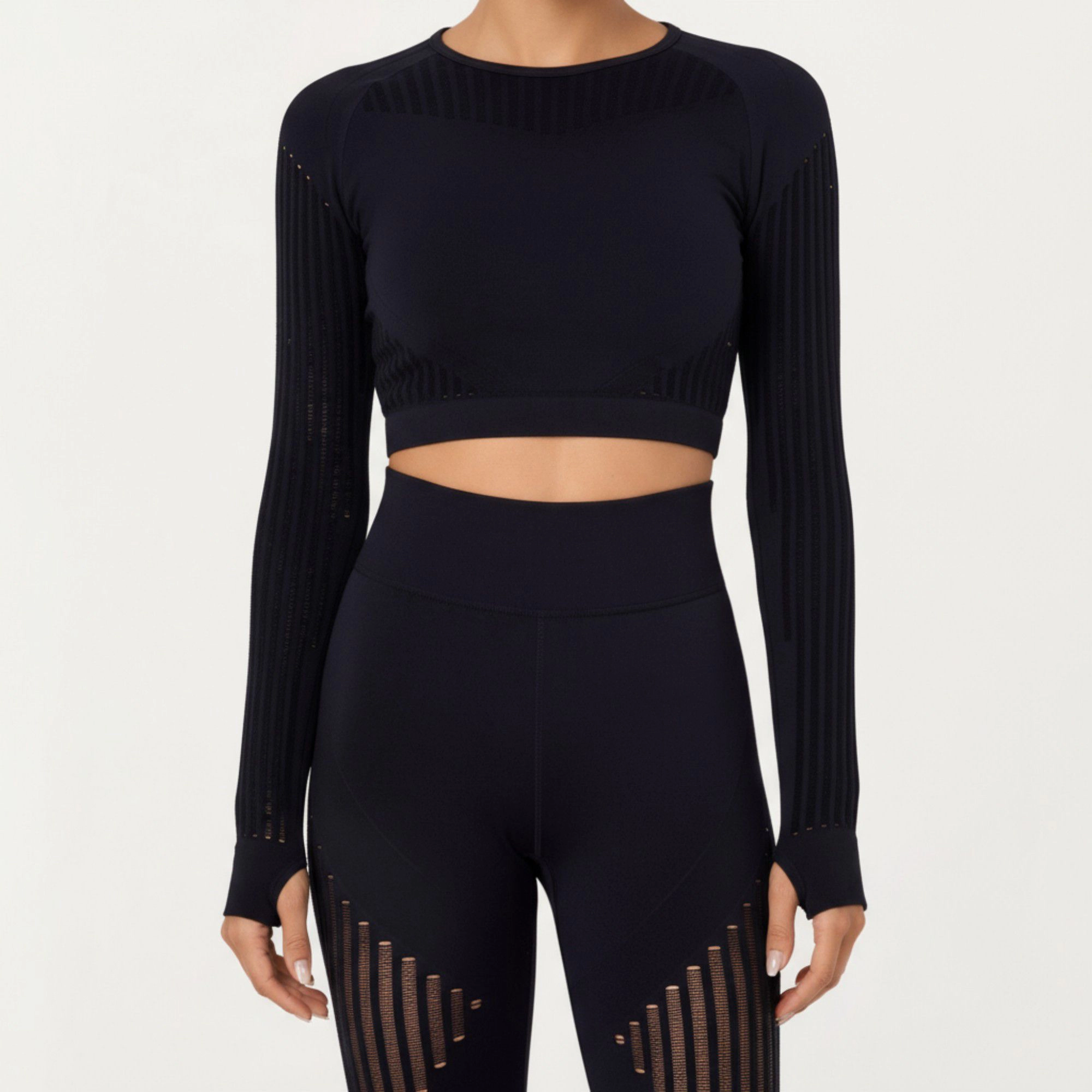 Anna-Kaci Women's Long Sleeve Seamless Crop Top with Ribbed Texture and Contour Panels